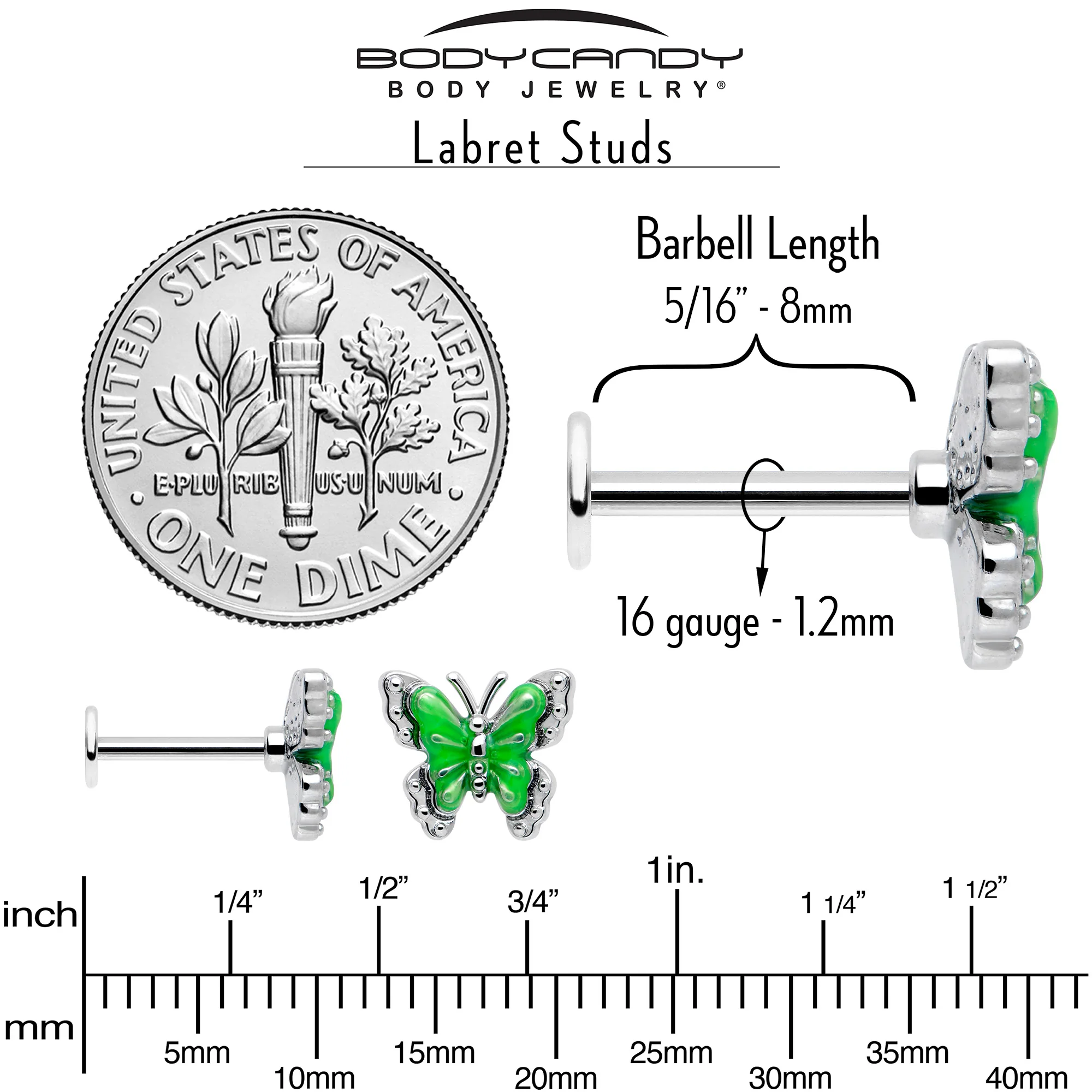 16G 5/16 Butterfly Green Splash Labret Monroe Tragus - Image 5