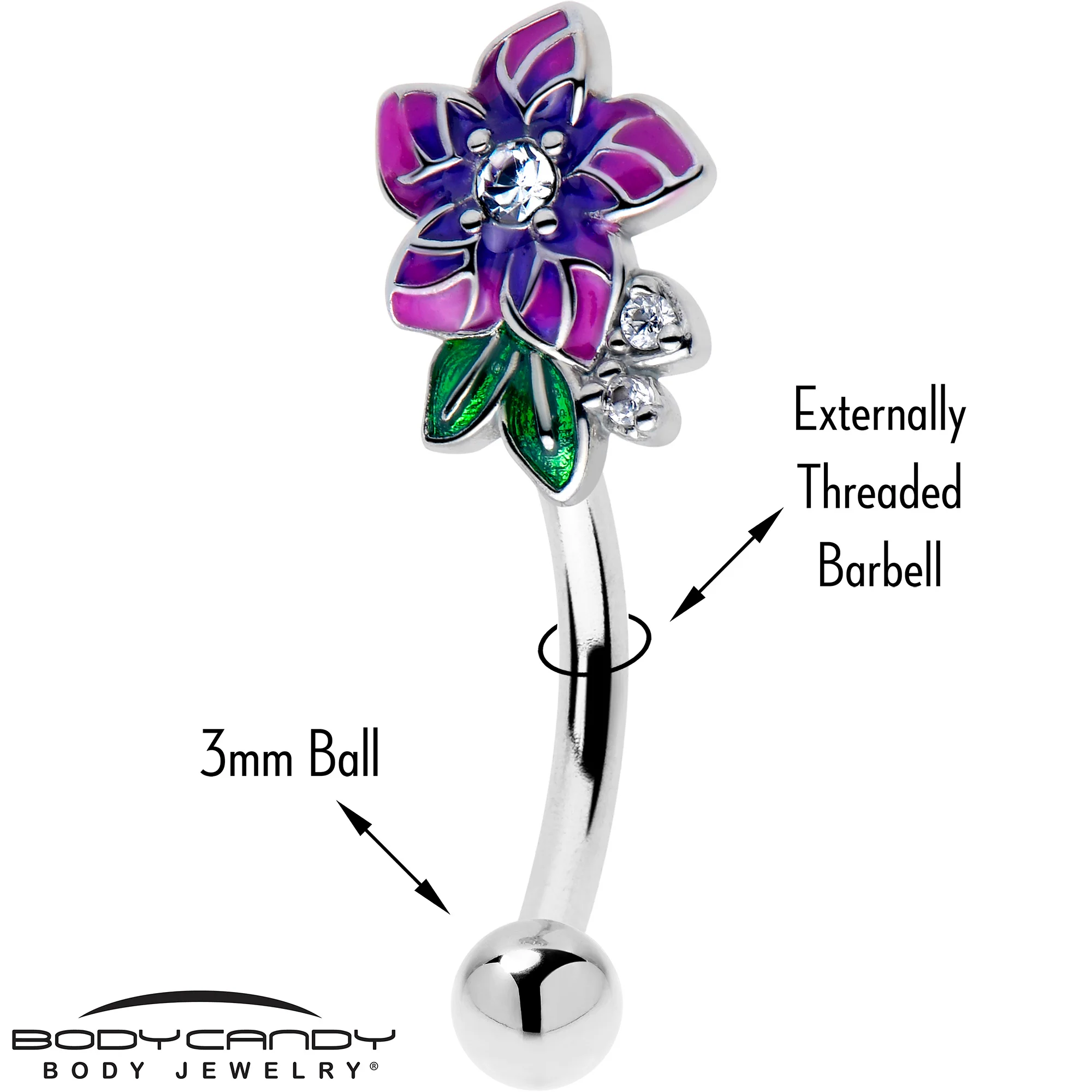 16G 5/16 Clear CZ Gem Flower Purple Curved Eyebrow Ring - Image 2