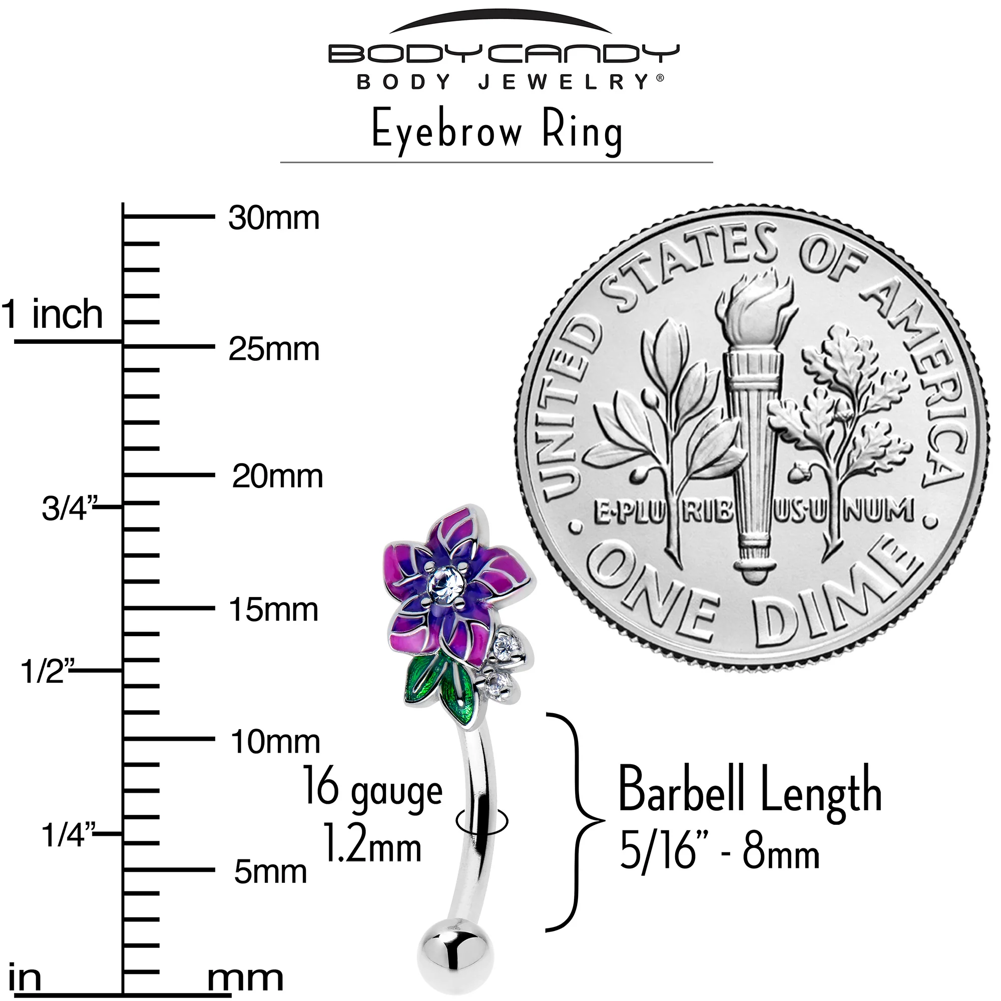 16G 5/16 Clear CZ Gem Flower Purple Curved Eyebrow Ring - Image 4