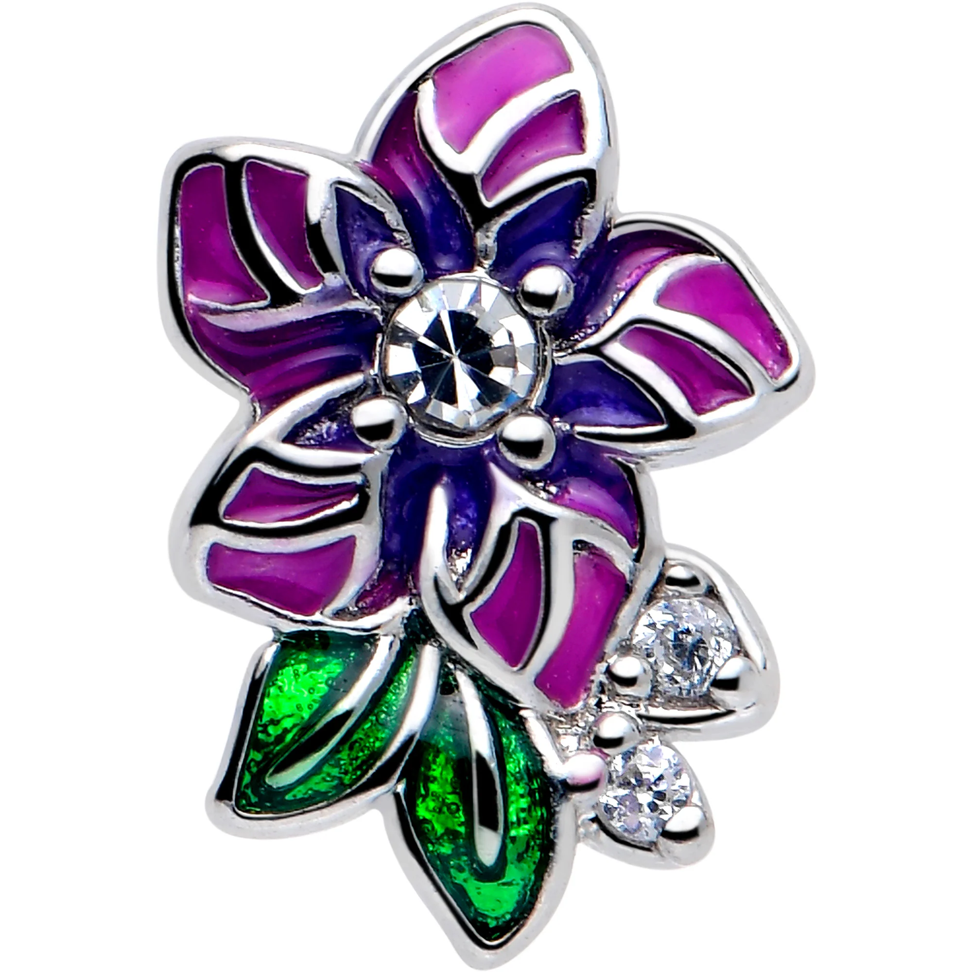 16G 5/16 Clear CZ Gem Flower Purple Flatback Stud - Image 3