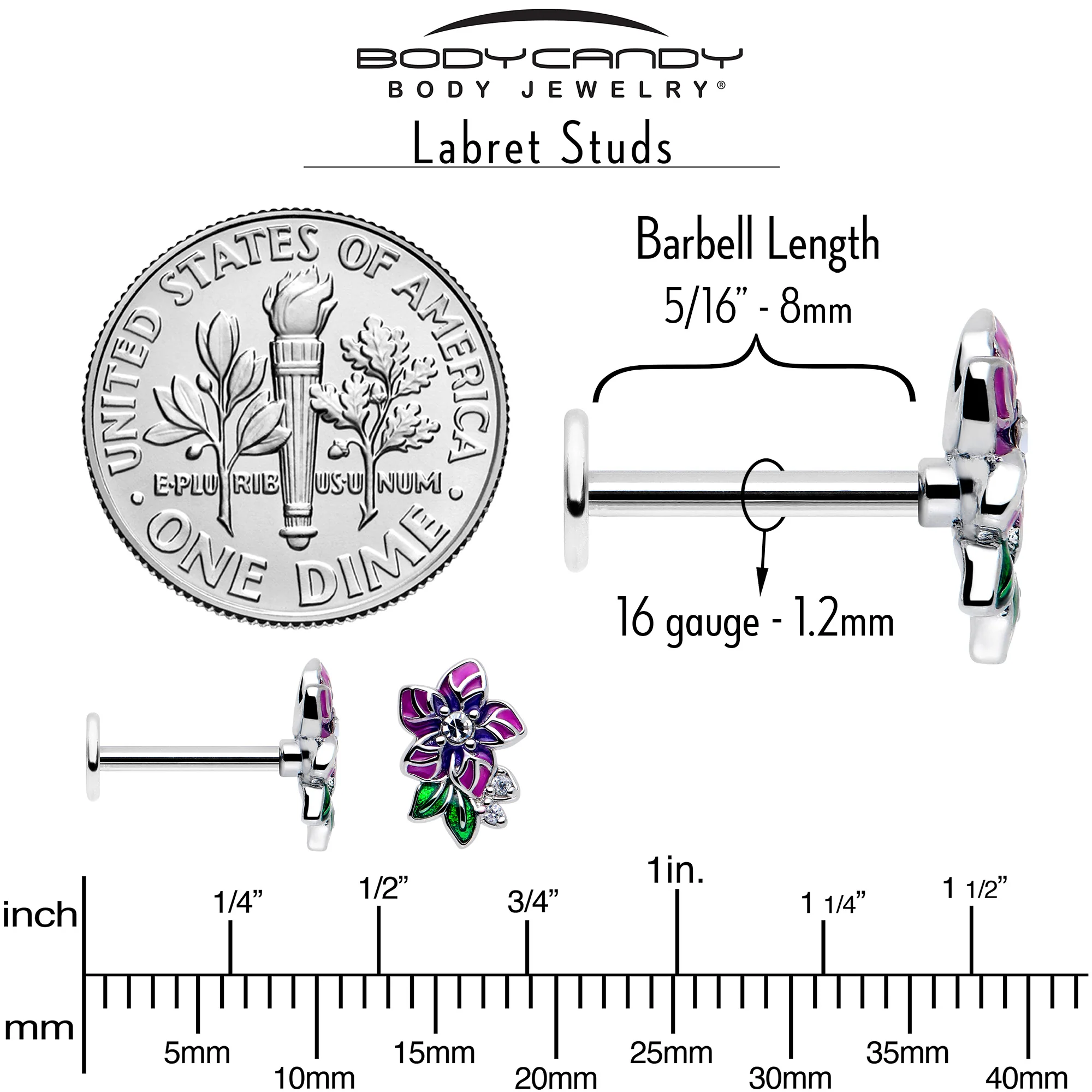 16G 5/16 Clear CZ Gem Flower Purple Flatback Stud - Image 5