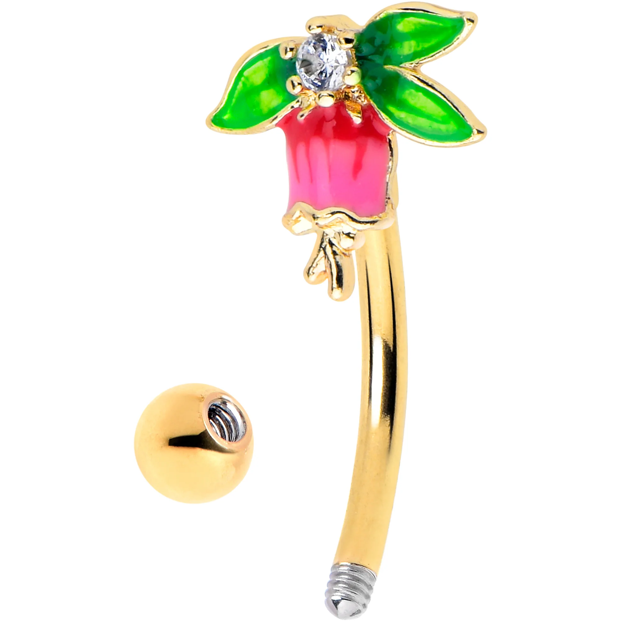 16G 5/16 Clear CZ Gem Gold Tone Bell Flower Curved Eyebrow Ring - Image 2