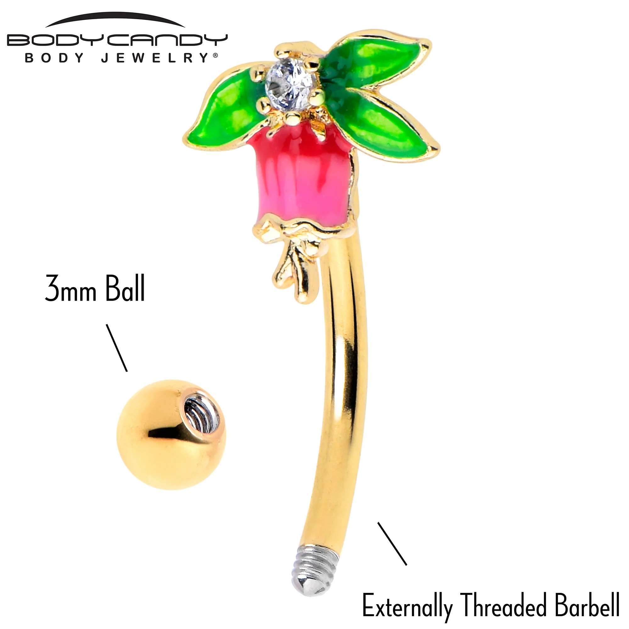 16G 5/16 Clear CZ Gem Gold Tone Bell Flower Curved Eyebrow Ring - Image 4