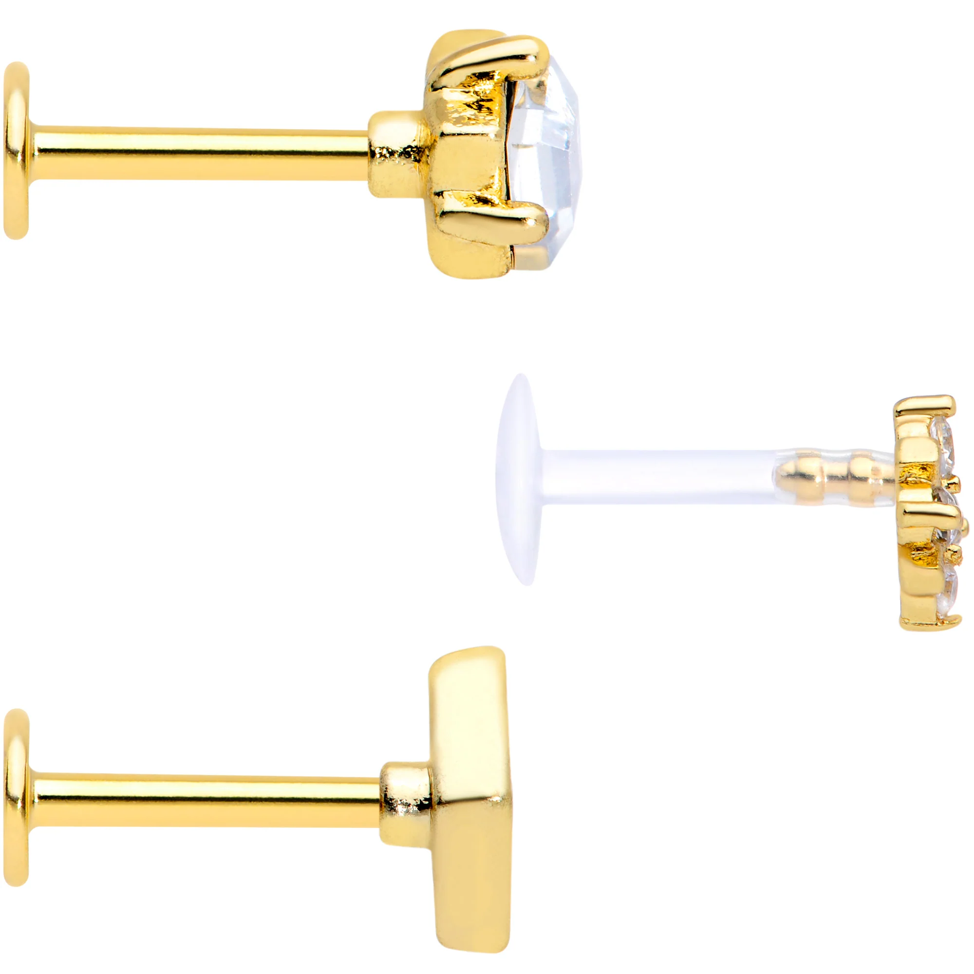 16G 5/16 Clear CZ Gem Gold Tone Geometric Labret Tragus Set of 3 - Image 2