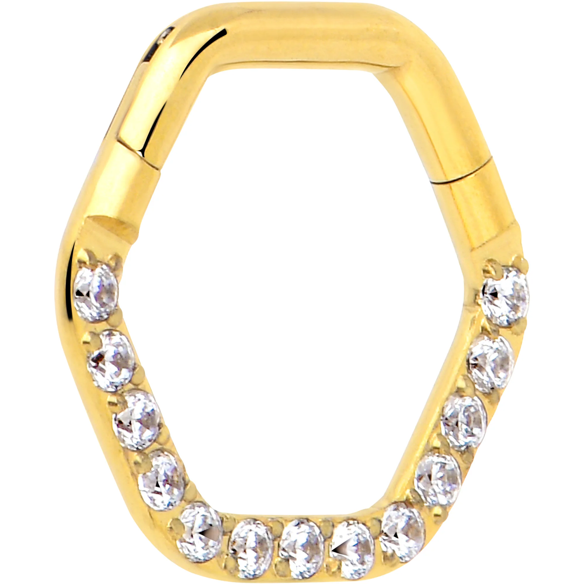 16G 5/16 Clear CZ Gem Gold Tone Hexagon Shape Hinged Segment Ring - Image 3