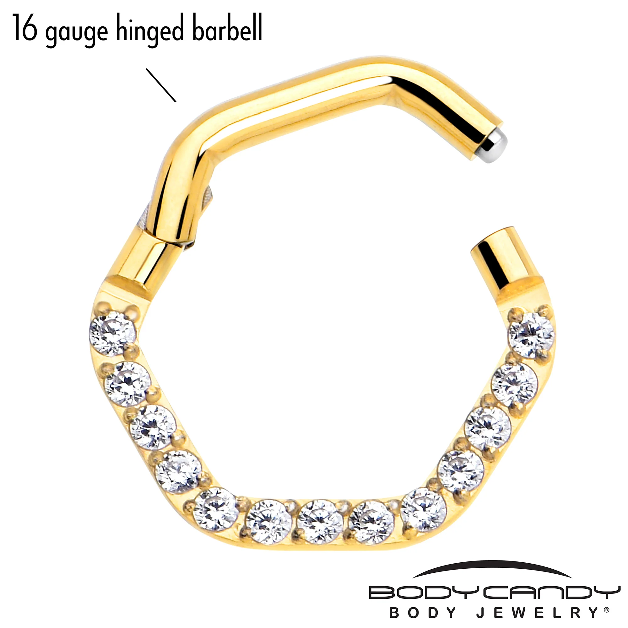 16G 5/16 Clear CZ Gem Gold Tone Hexagon Shape Hinged Segment Ring - Image 4