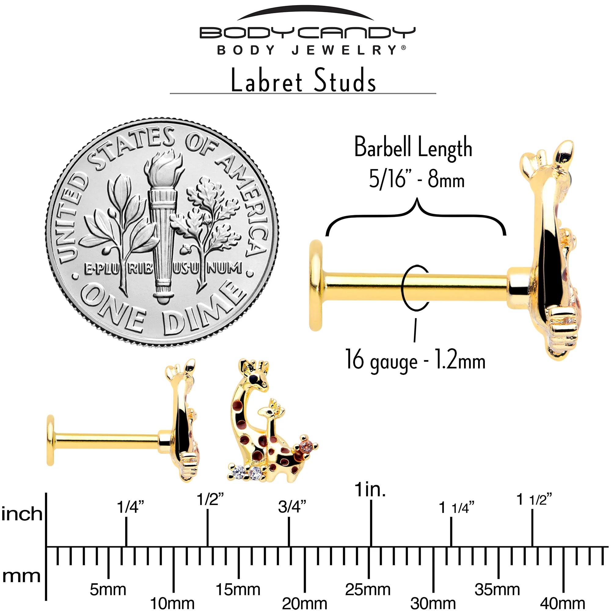 16G 5/16 Clear CZ Gem Gold Tone Mom Baby Giraffe Flatback Stud - Image 5