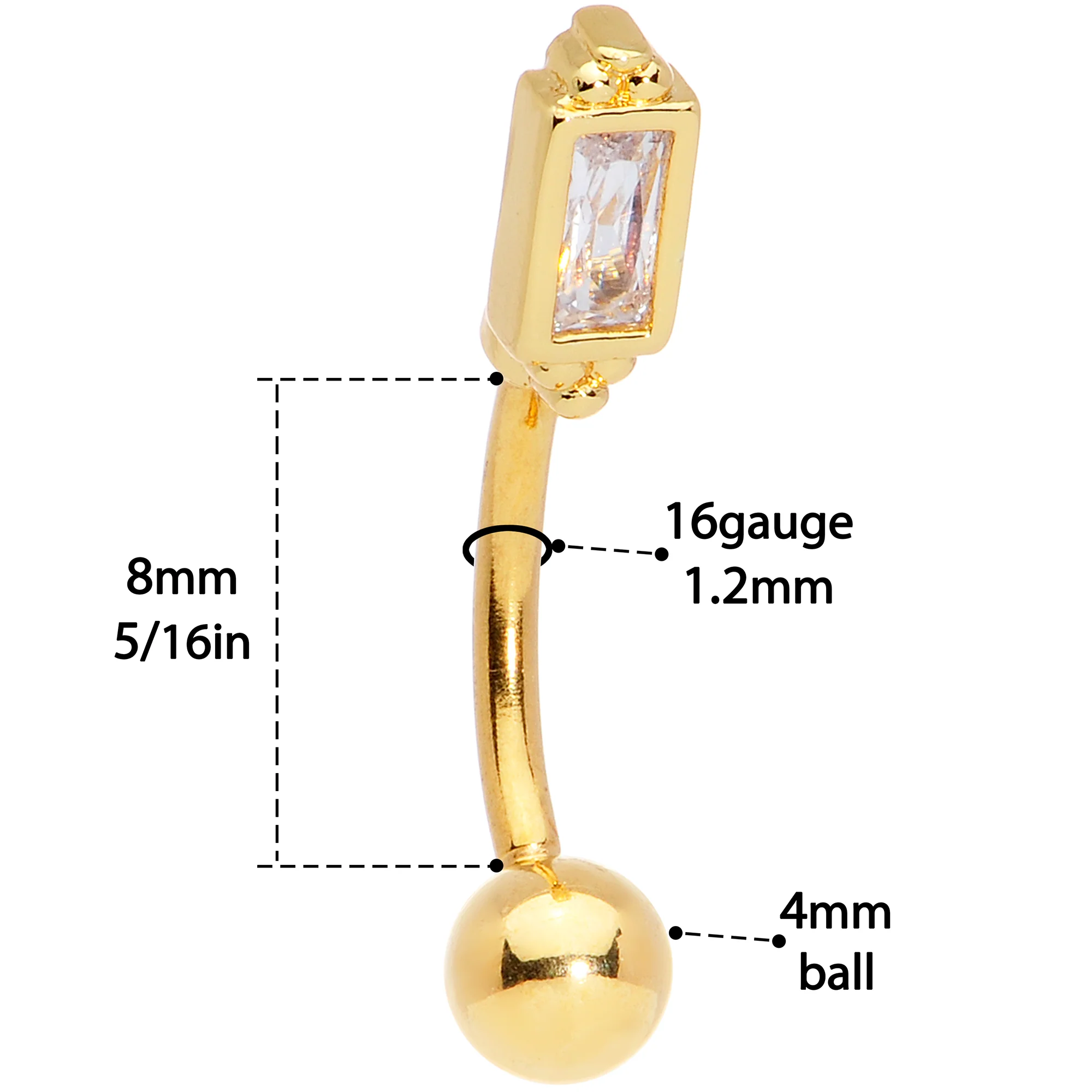 16G 5/16 Clear CZ Gem Gold Tone Rectangle Curved Eyebrow Ring - Image 5