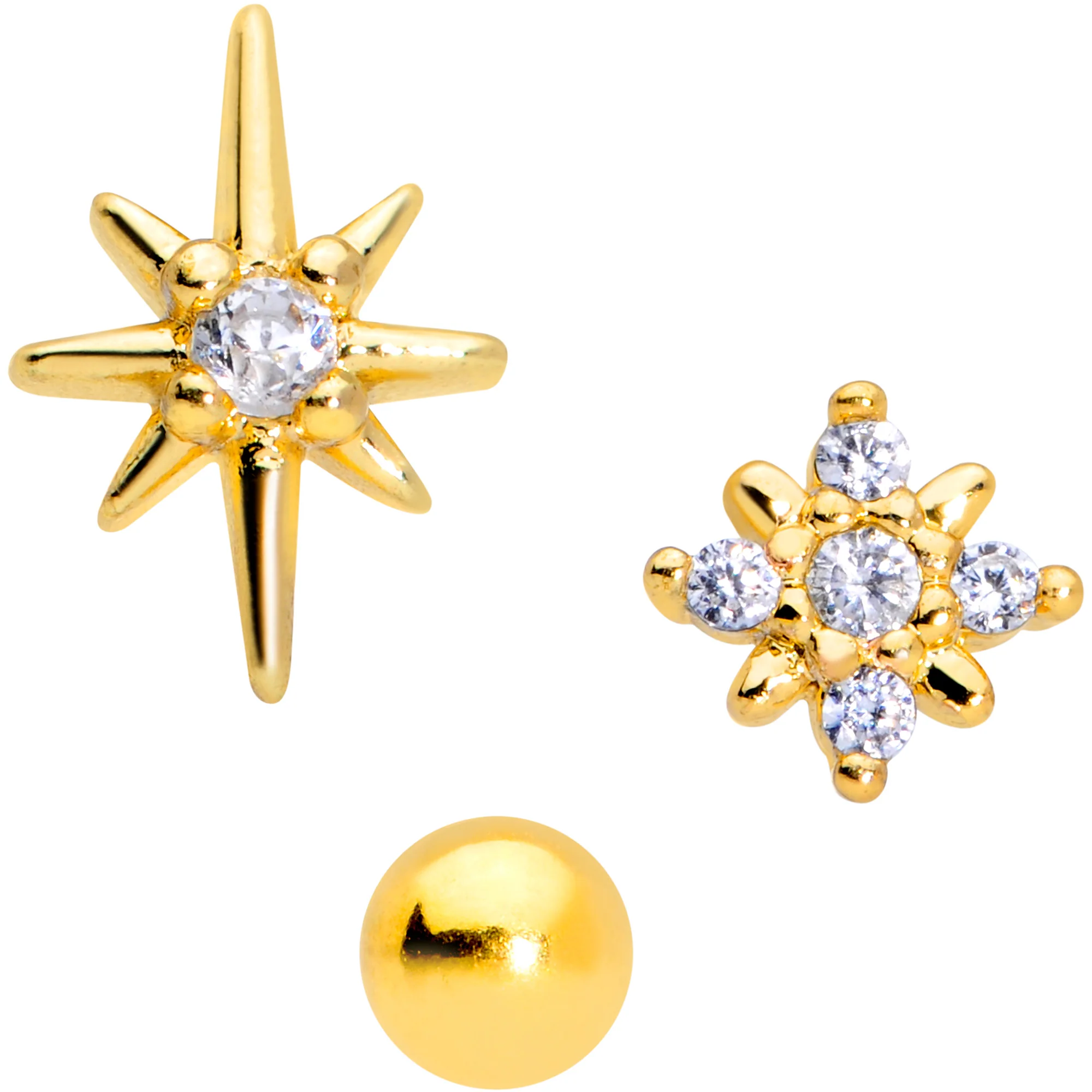 16G 5/16 Clear CZ Gem Gold Tone Stars Labret Tragus Set of 3 - Image 2