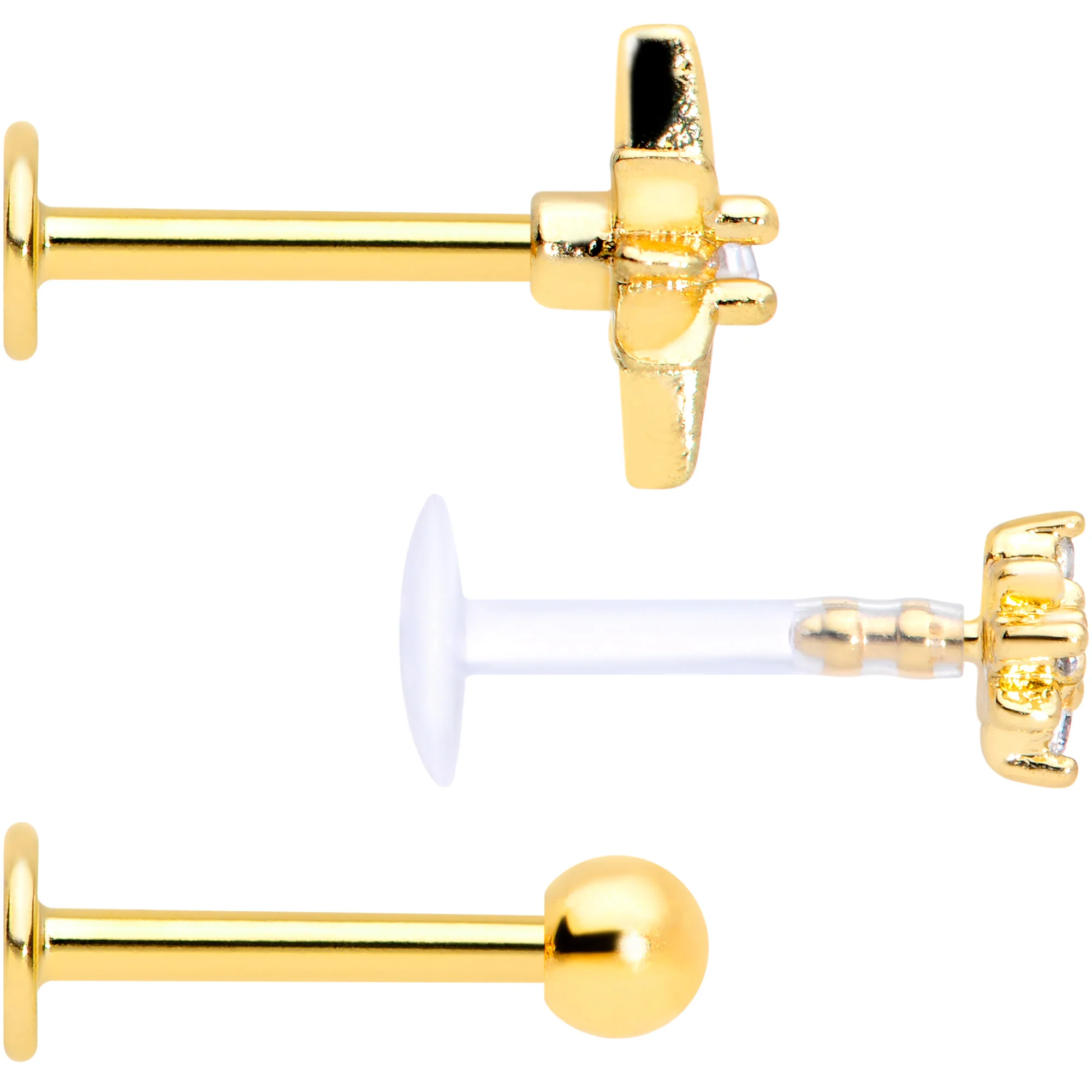 16G 5/16 Clear CZ Gem Gold Tone Stars Labret Tragus Set of 3 - Image 3