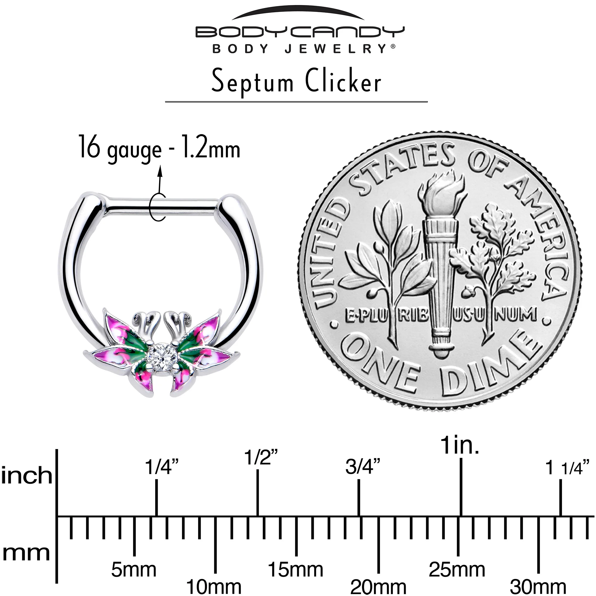 16G 5/16 Clear CZ Gem Profile Butterflies Cartilage Clicker - Image 4