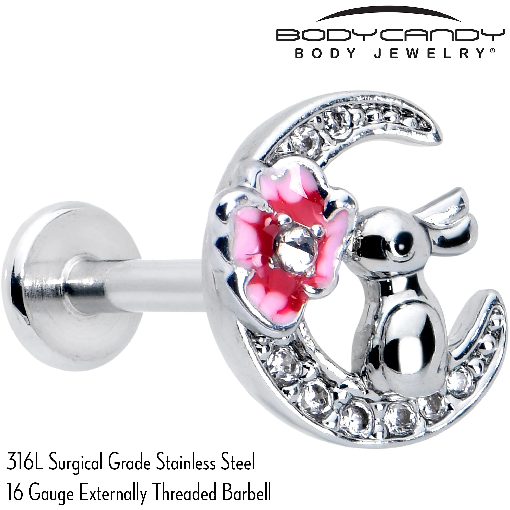 16G 5/16 Clear CZ Gem Rabbit Moon Pink Internally Threaded Labret - Image 4