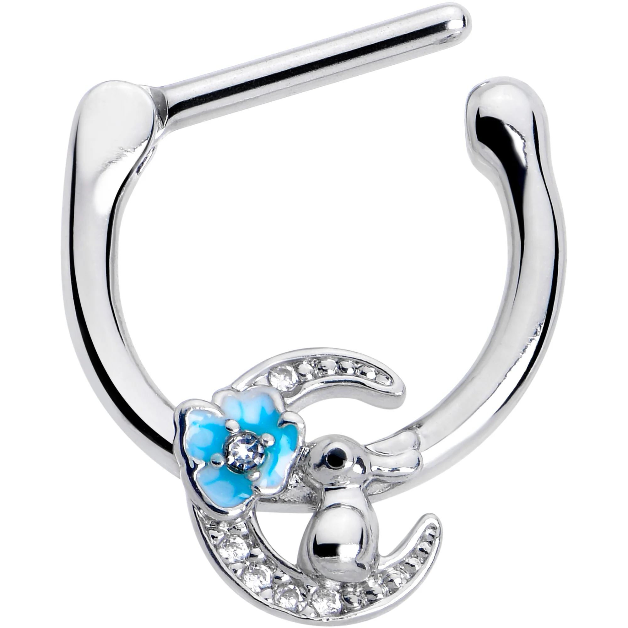 16G 5/16 Clear CZ Gem Rabbit On The Moon Blue Cartilage Clicker - Image 2