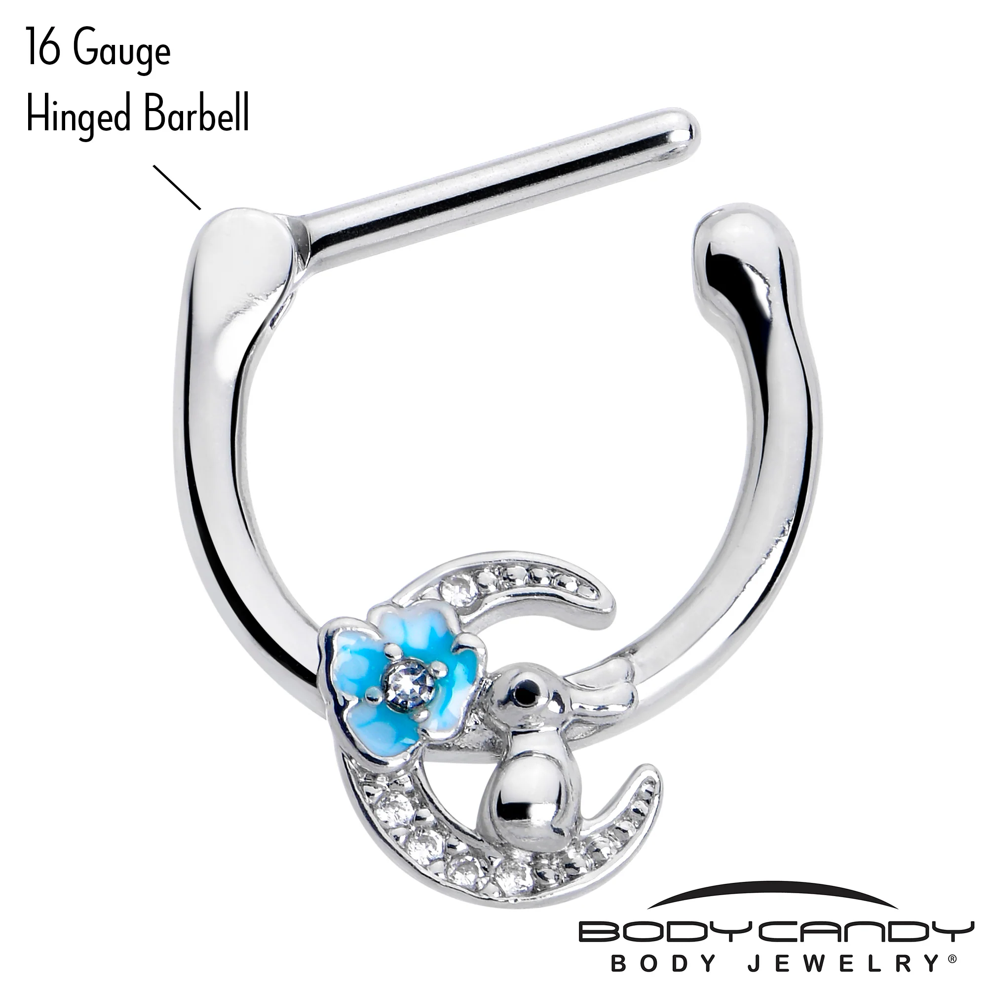 16G 5/16 Clear CZ Gem Rabbit On The Moon Blue Cartilage Clicker - Image 3