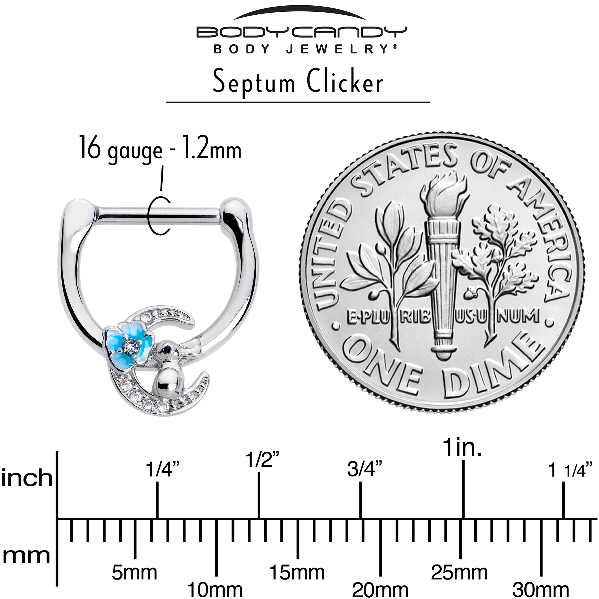 16G 5/16 Clear CZ Gem Rabbit On The Moon Blue Cartilage Clicker - Image 4