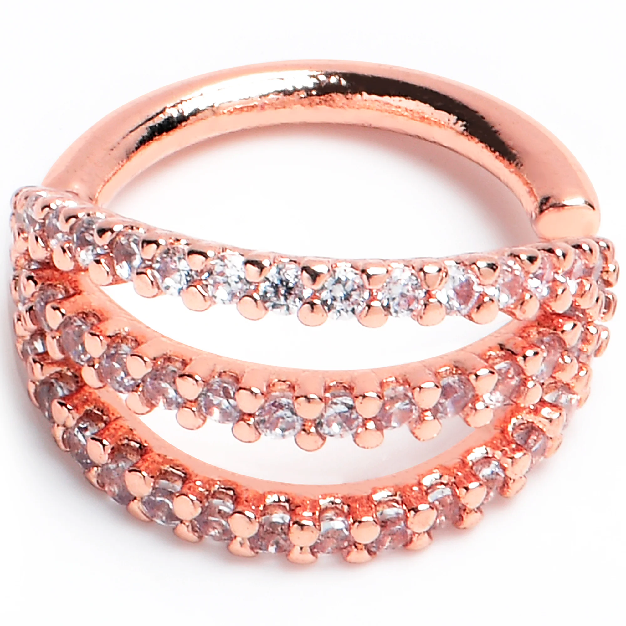 16G 5/16 Clear CZ Gem Rose Gold Tone Faux Triple Hoop Closure Ring