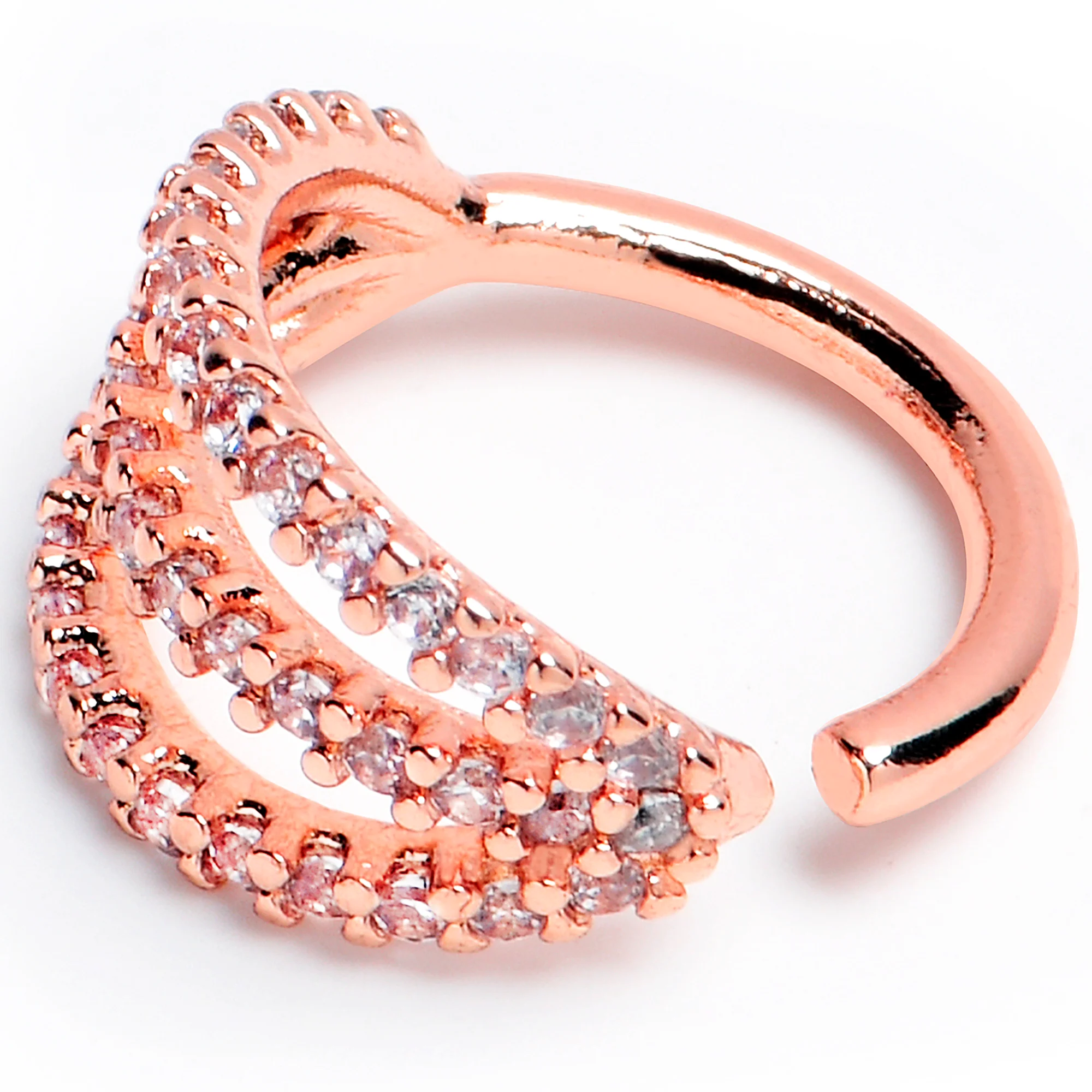 16G 5/16 Clear CZ Gem Rose Gold Tone Faux Triple Hoop Closure Ring - Image 2