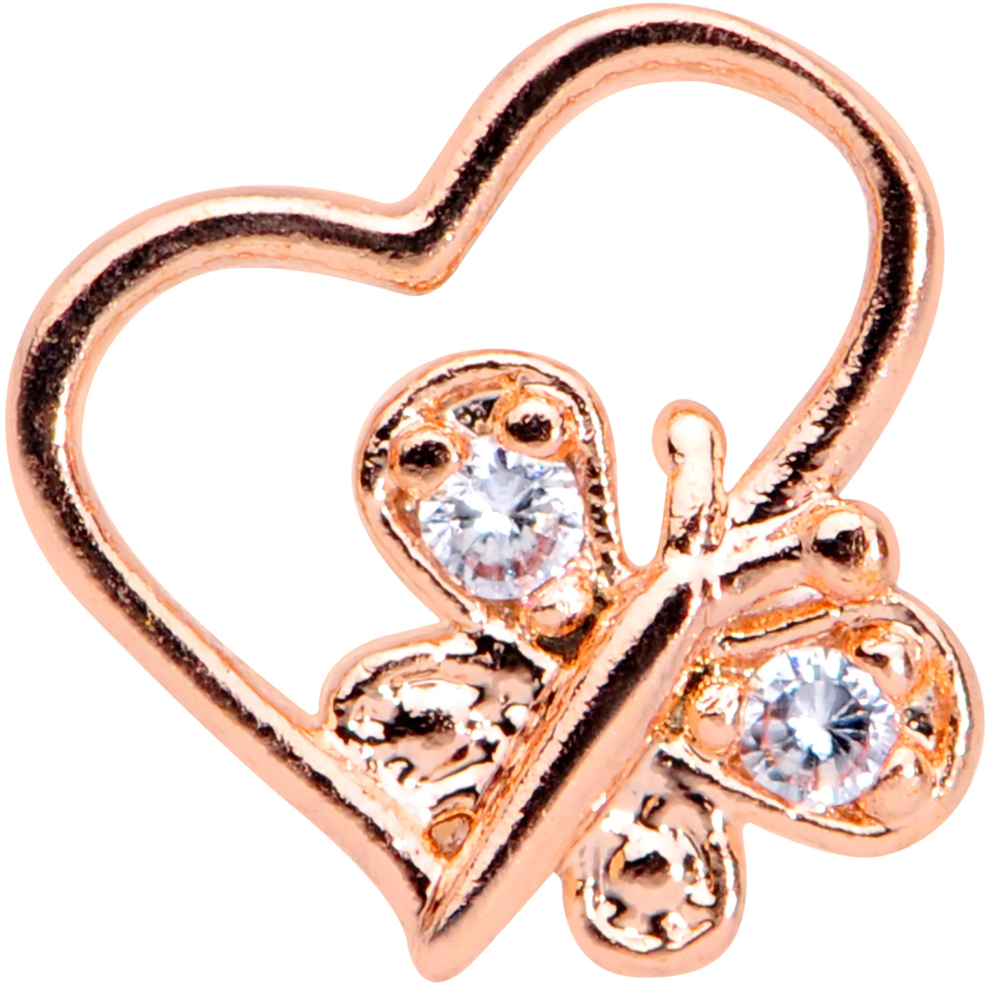 16G 5/16 Clear CZ Gem Rose Gold Tone Heart Butterfly Labret - Image 2