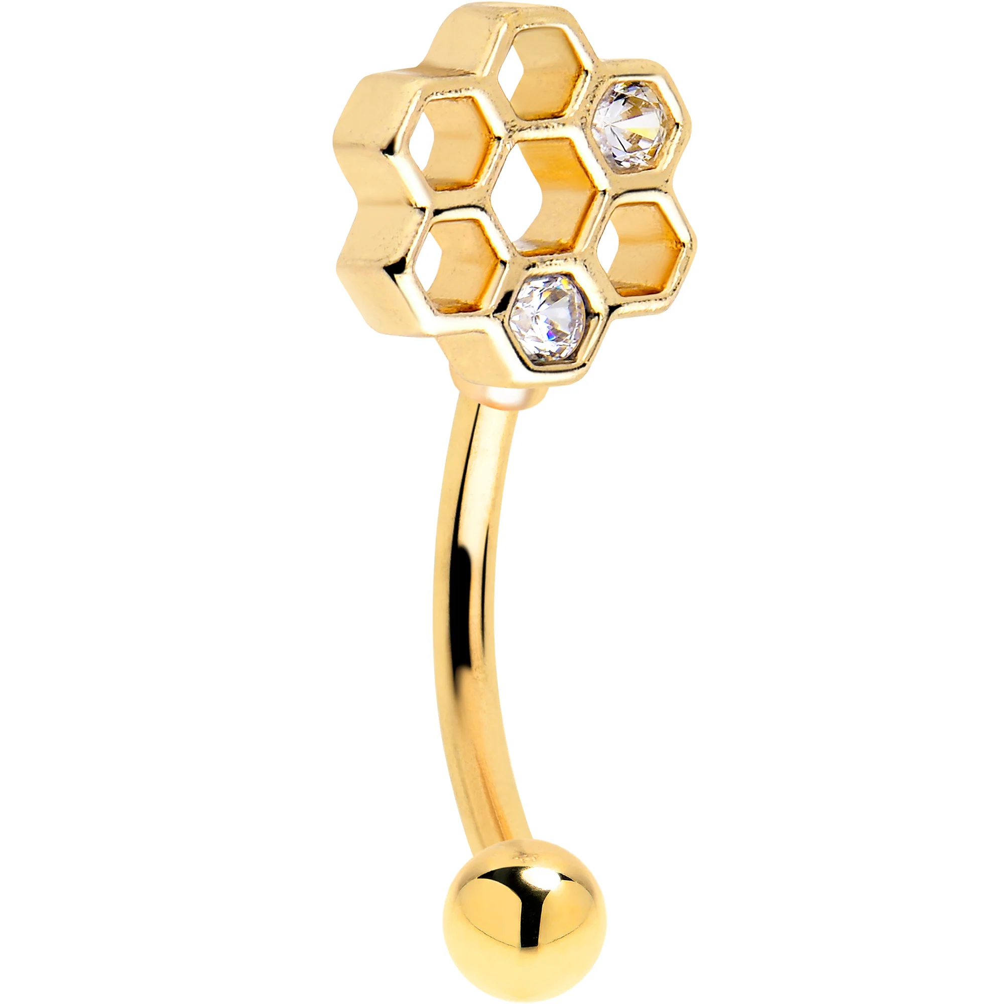 16G 5/16 Clear CZ Gold Tone Bee Hive Luv Curved Eyebrow Ring Set of 2 - Image 2
