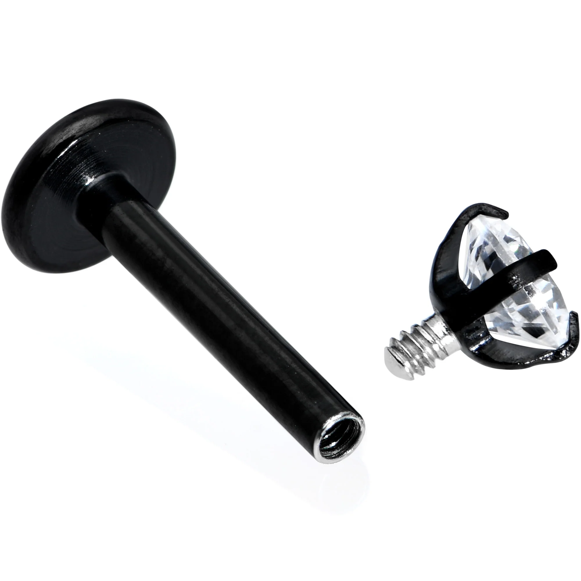 16G 5/16 Clear Gem Black Round End Internally Threaded Labret Tragus - Image 2