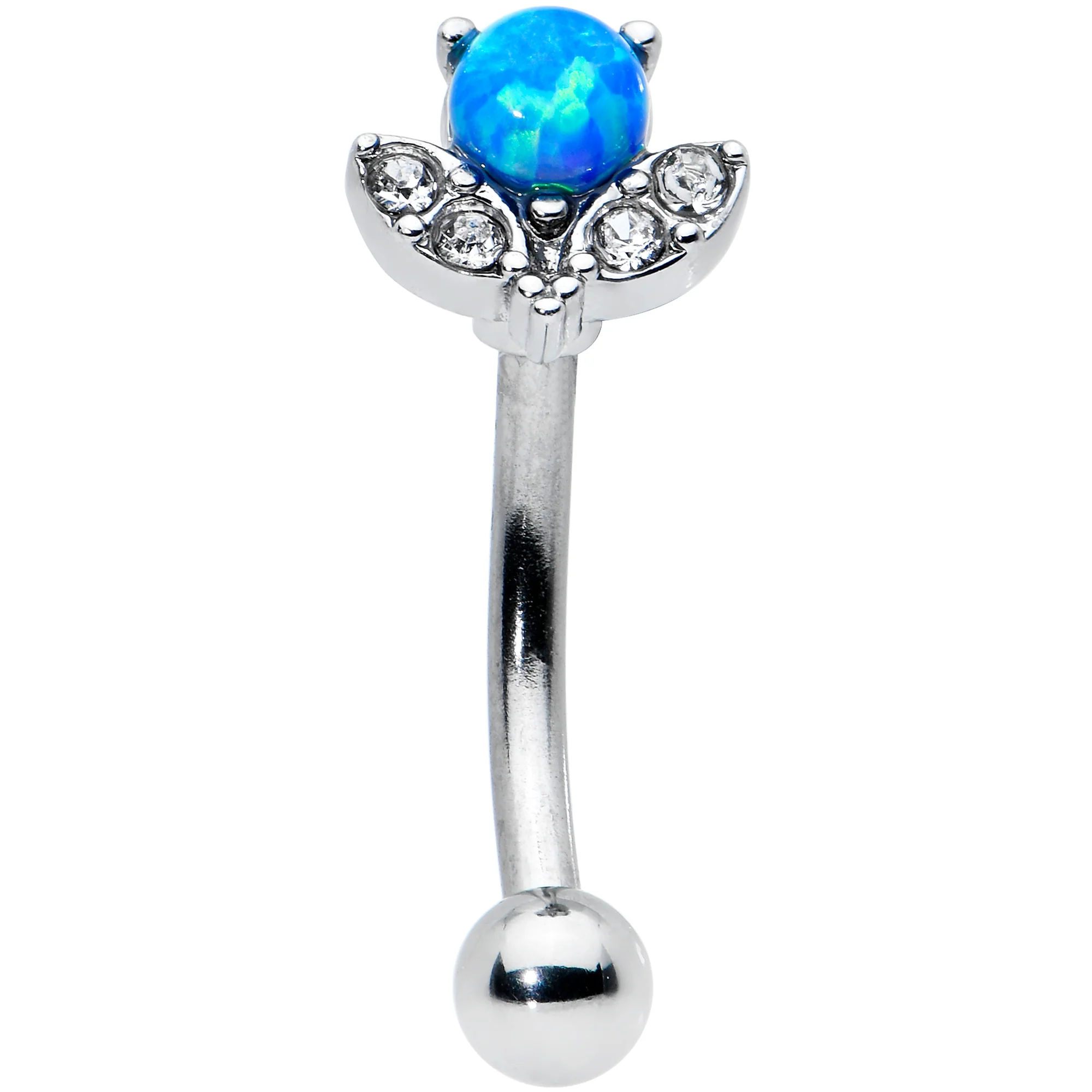 16G 5/16 Clear Gem Blue Faux Opal Style Flower Curved Eyebrow Ring - Image 2
