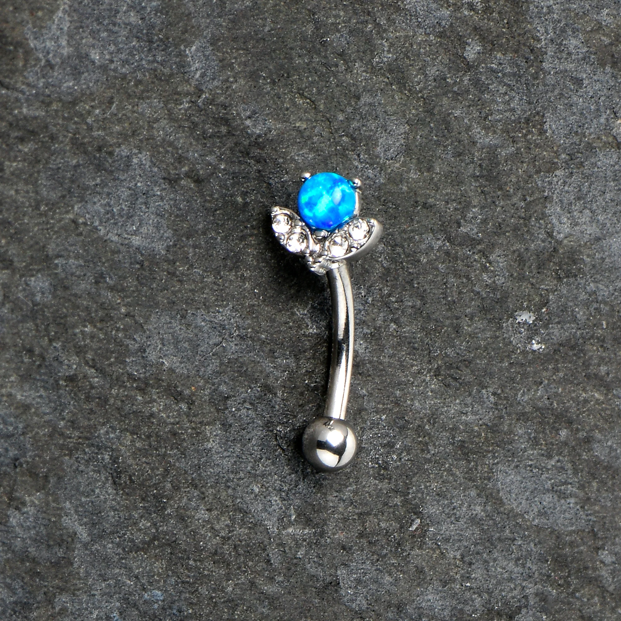 16G 5/16 Clear Gem Blue Faux Opal Style Flower Curved Eyebrow Ring - Image 4