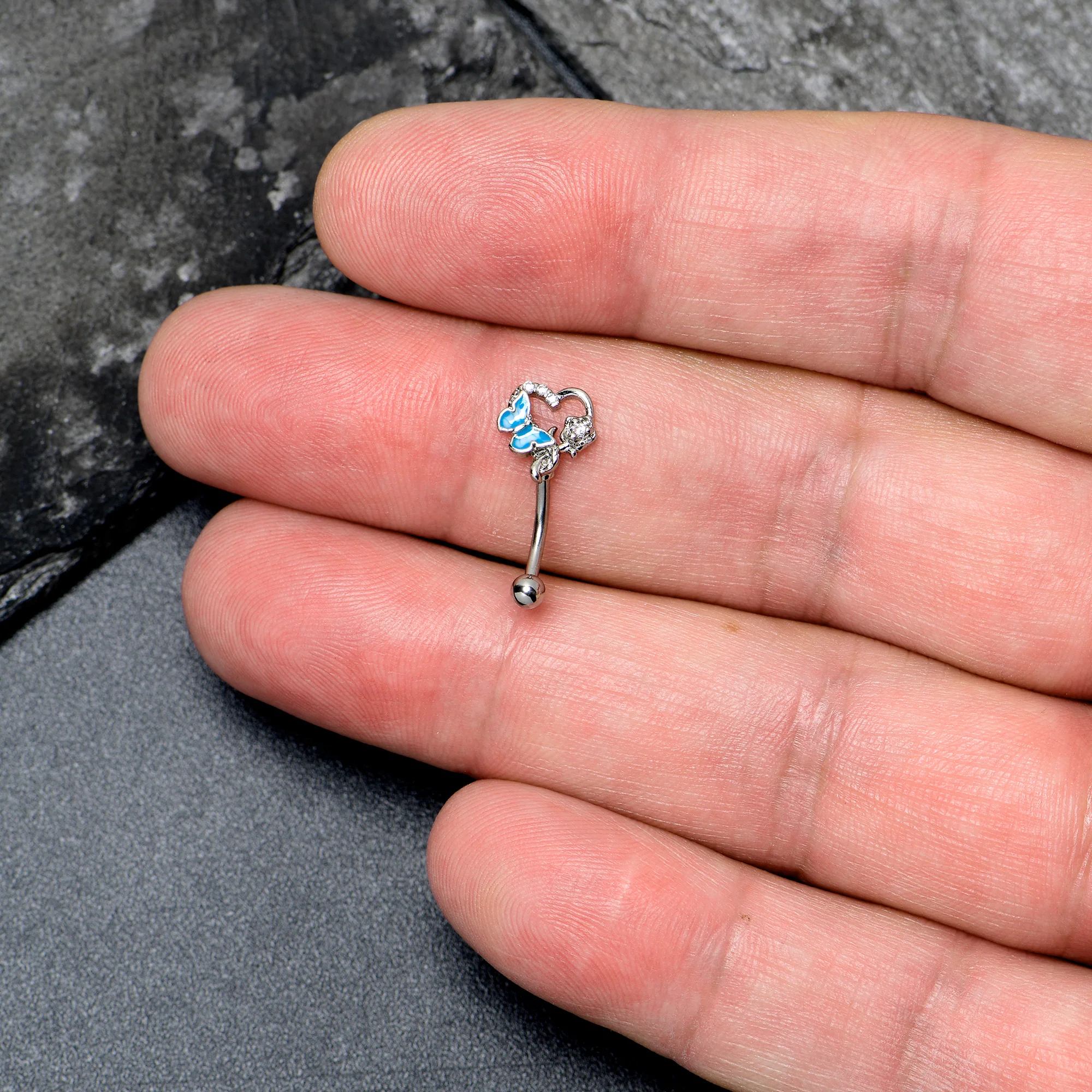 16G 5/16 Clear Gem Butterfly Rose Flower Blue Curved Eyebrow Ring - Image 2