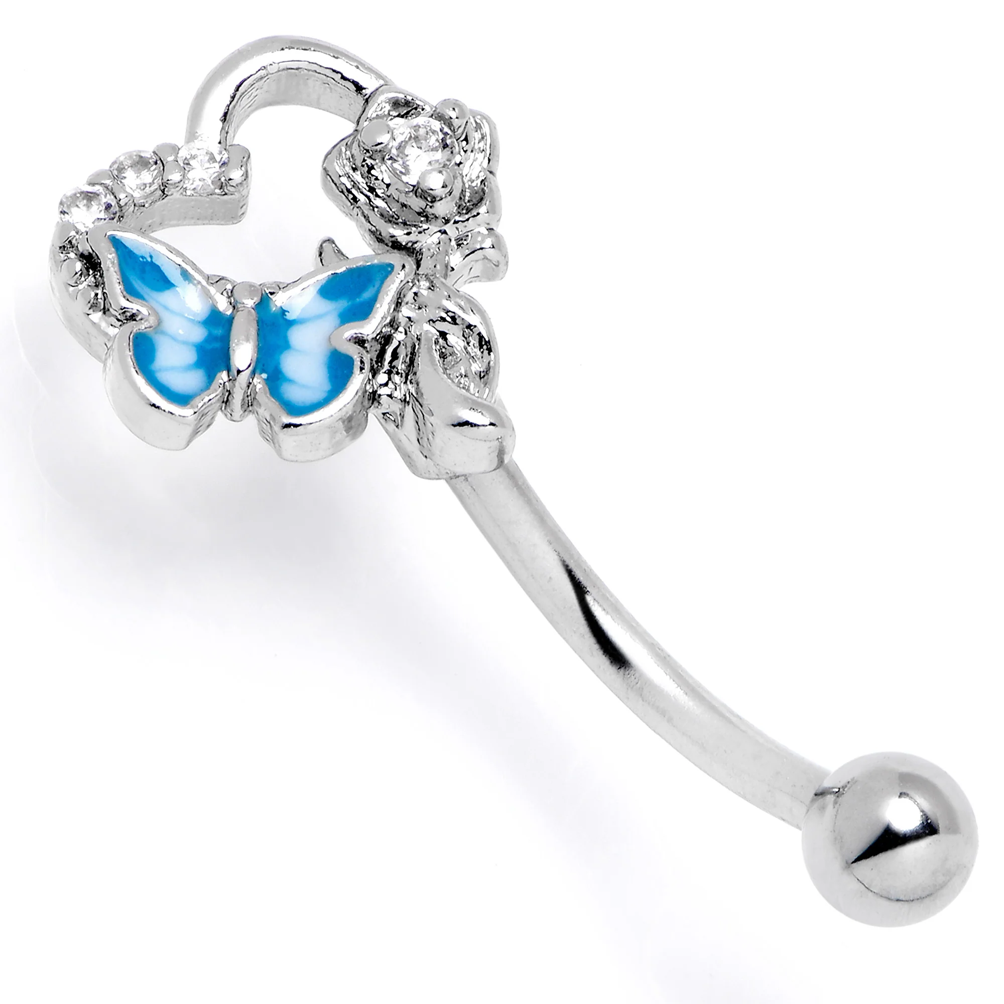 16G 5/16 Clear Gem Butterfly Rose Flower Blue Curved Eyebrow Ring - Image 3