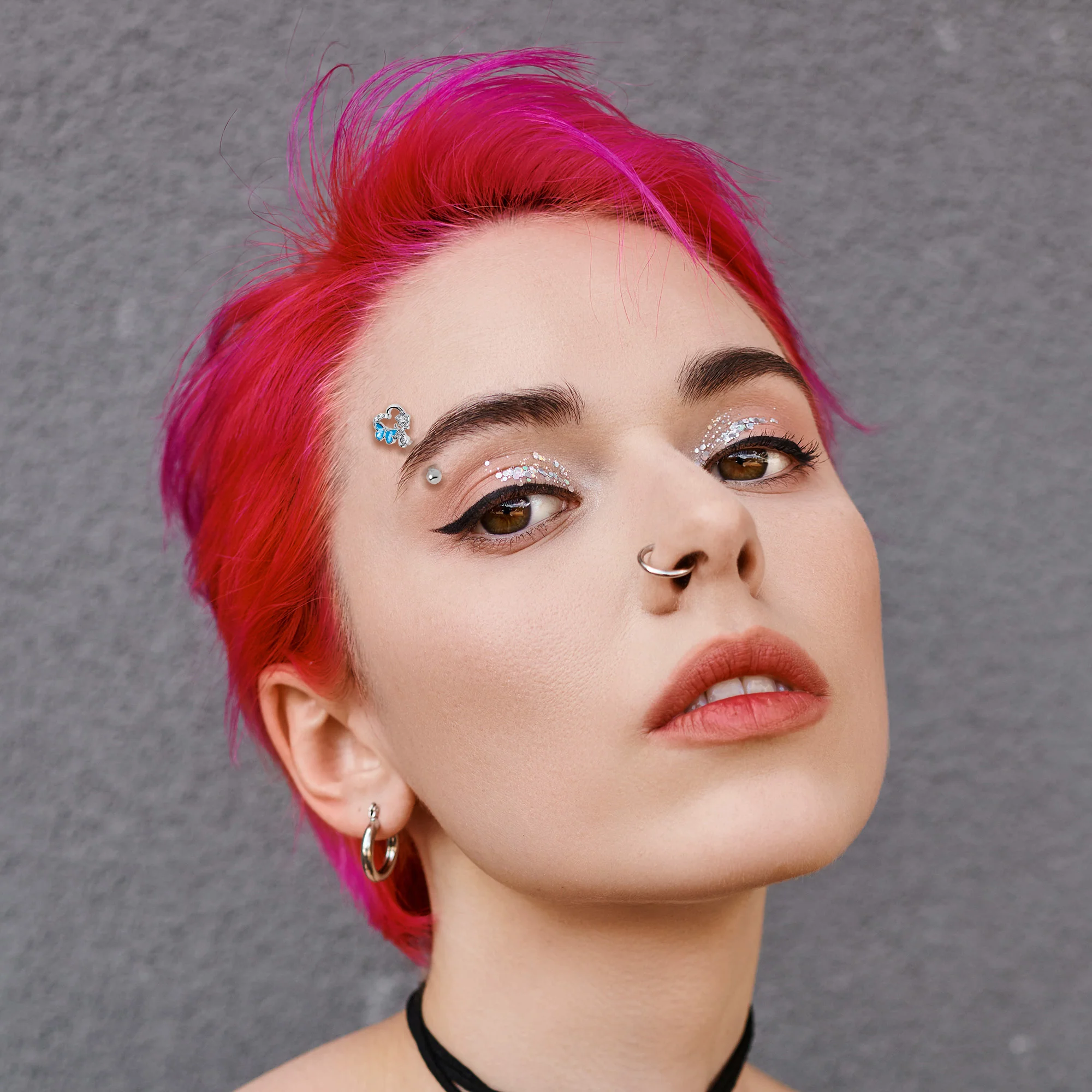 16G 5/16 Clear Gem Butterfly Rose Flower Blue Curved Eyebrow Ring - Image 4