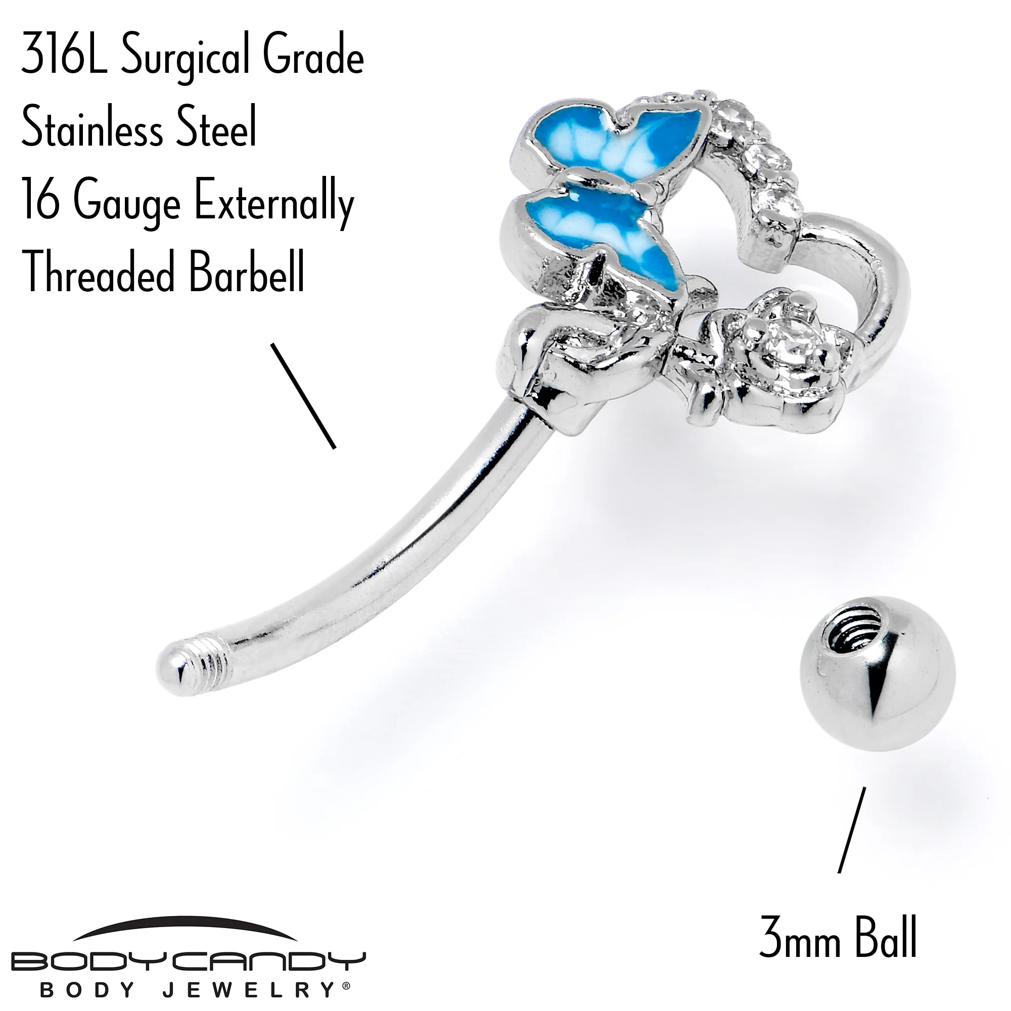 16G 5/16 Clear Gem Butterfly Rose Flower Blue Curved Eyebrow Ring - Image 5