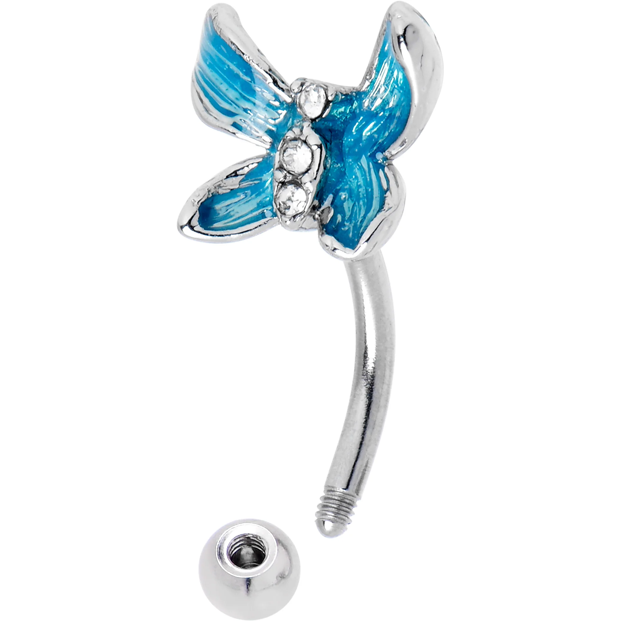 16G 5/16 Clear Gem Chunky Butterfly Blue Curved Eyebrow Ring - Image 4