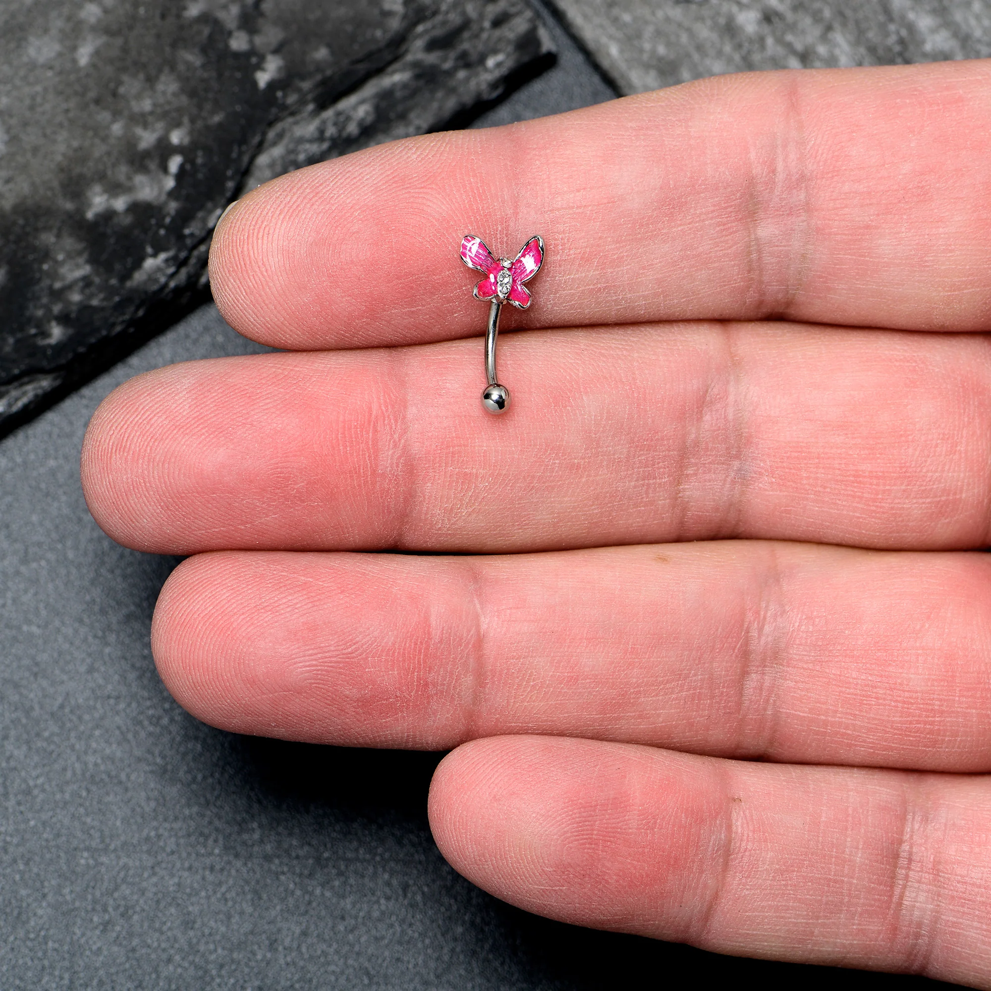 16G 5/16 Clear Gem Chunky Butterfly Pink Curved Eyebrow Ring - Image 2