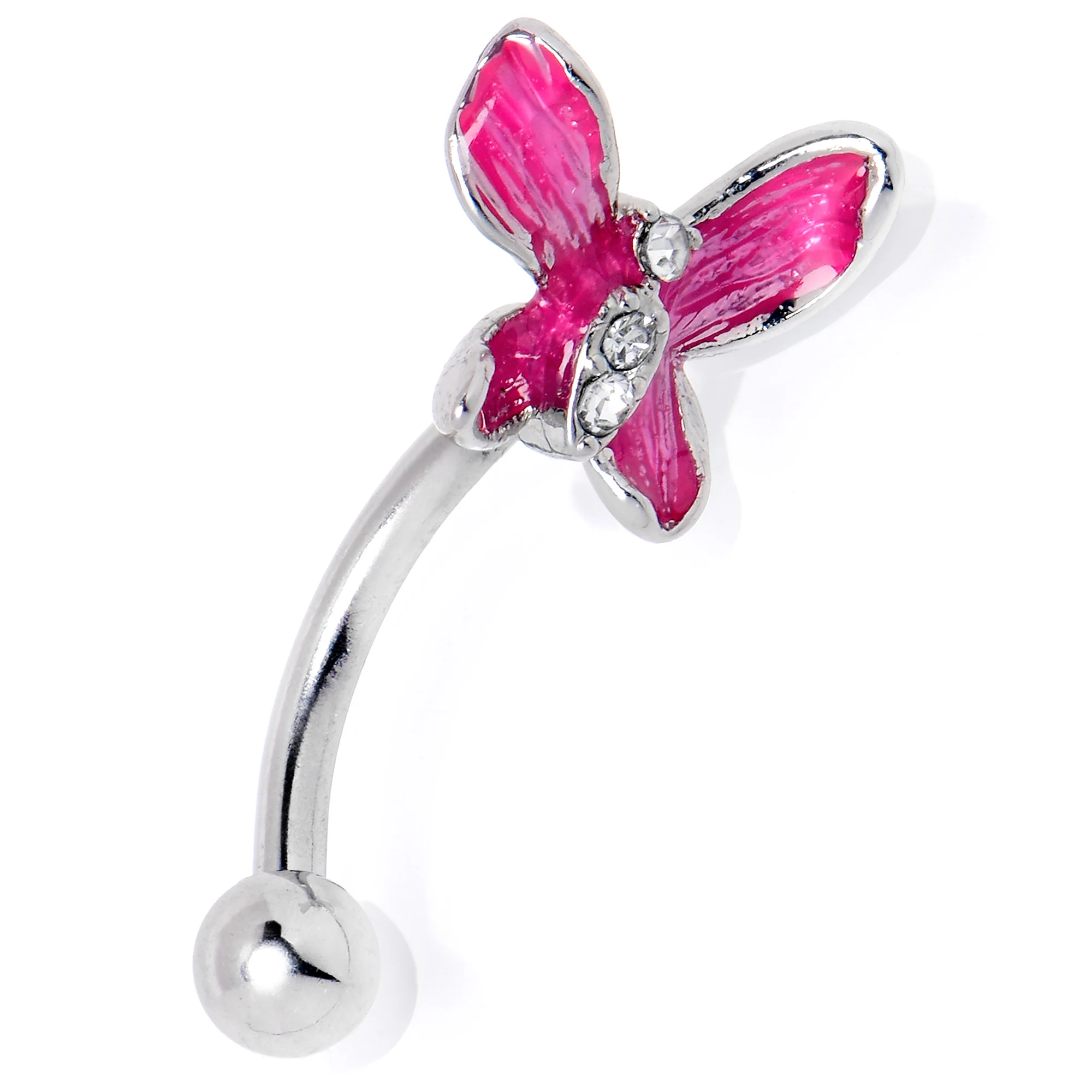 16G 5/16 Clear Gem Chunky Butterfly Pink Curved Eyebrow Ring - Image 3