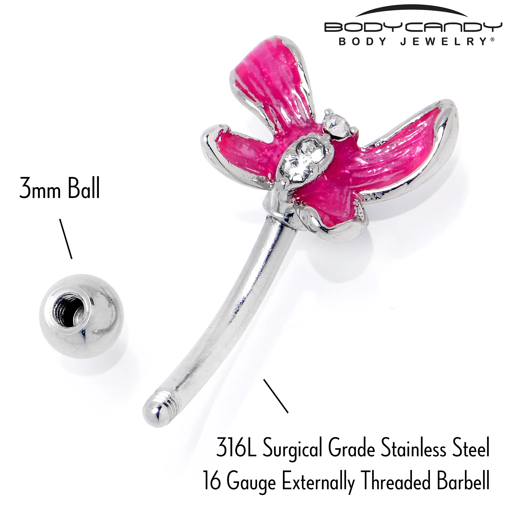 16G 5/16 Clear Gem Chunky Butterfly Pink Curved Eyebrow Ring - Image 5