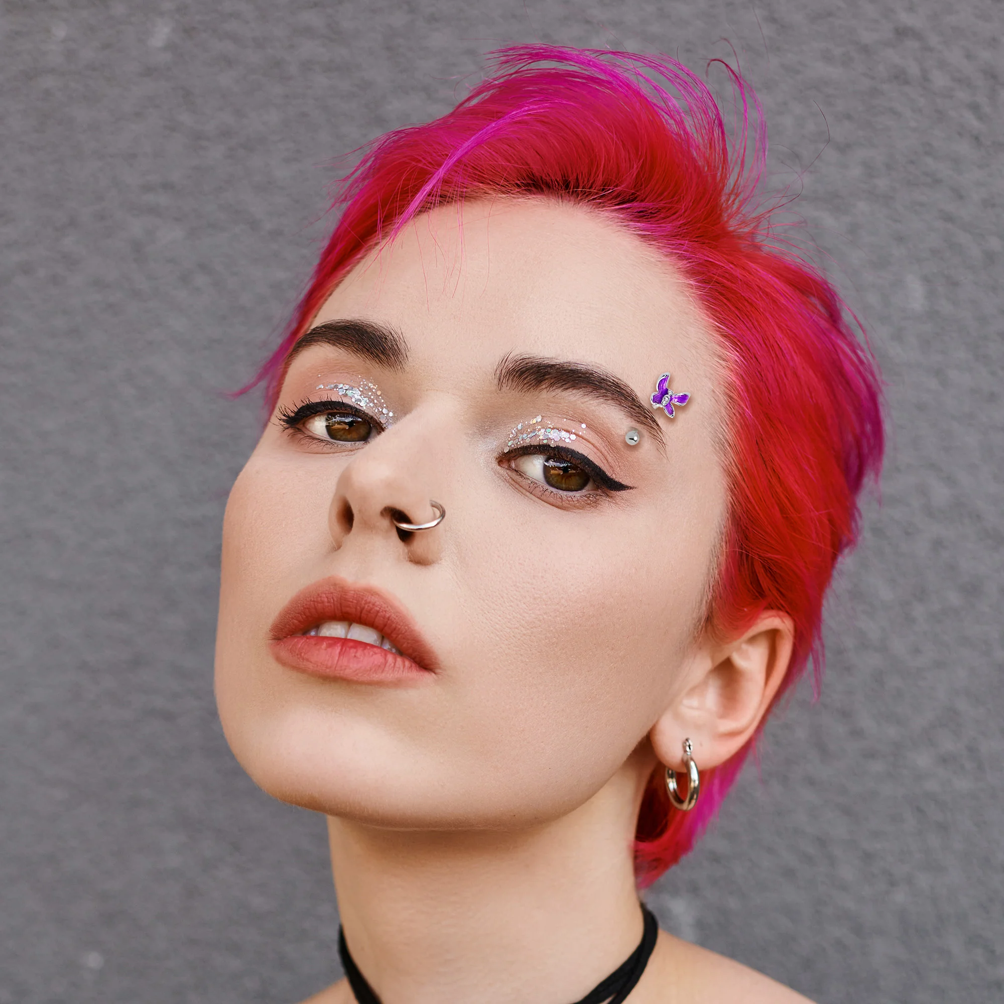 16G 5/16 Clear Gem Chunky Butterfly Purple Curved Eyebrow Ring - Image 5