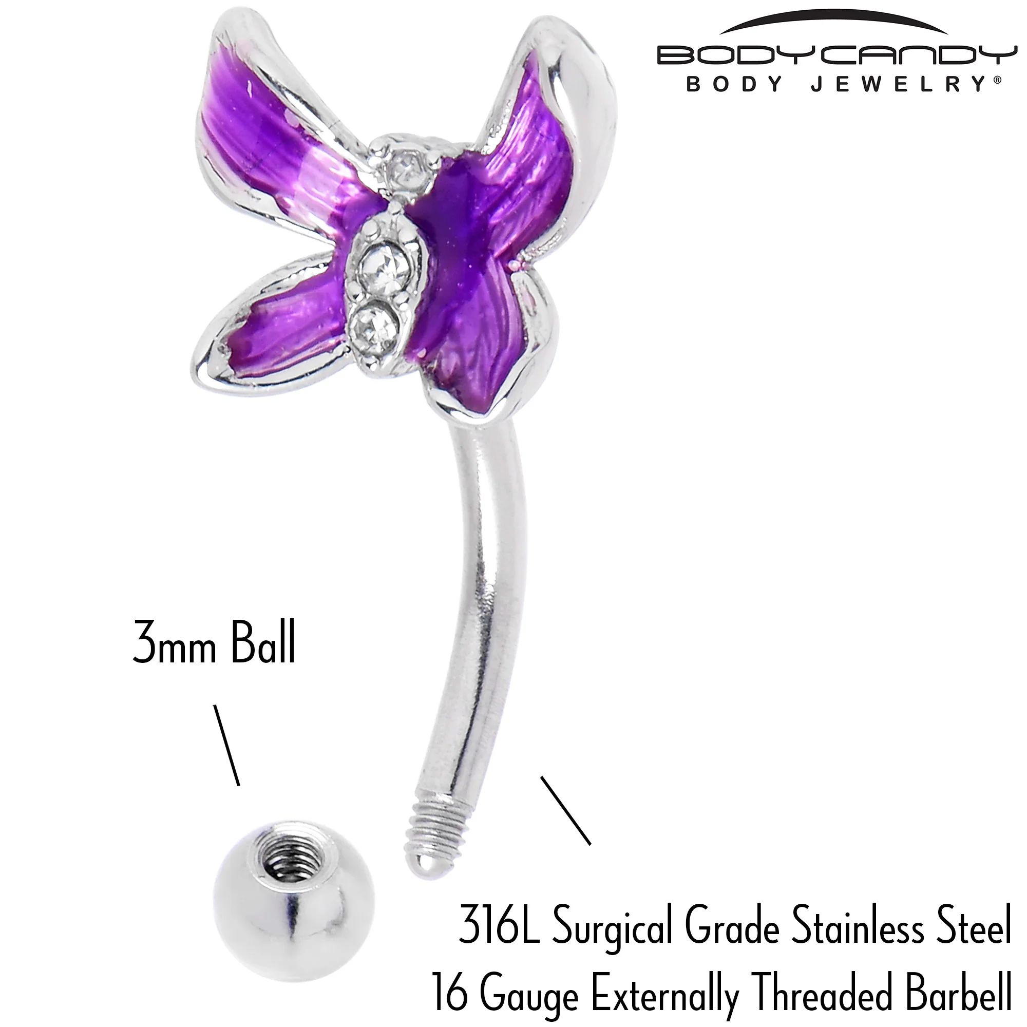 16G 5/16 Clear Gem Chunky Butterfly Purple Curved Eyebrow Ring - Image 6