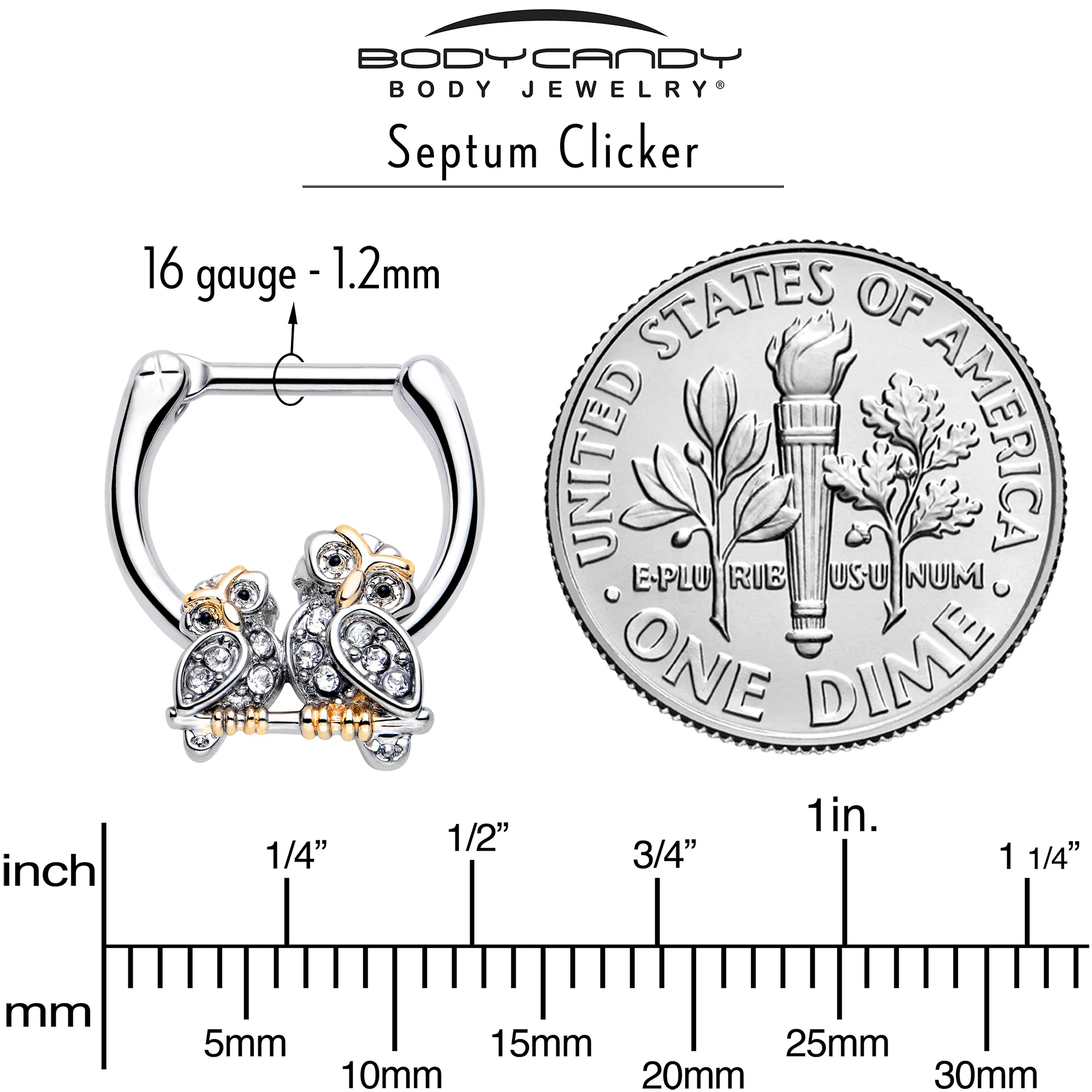 16G 5/16 Clear Gem Evening Owls Cartilage Clicker - Image 4