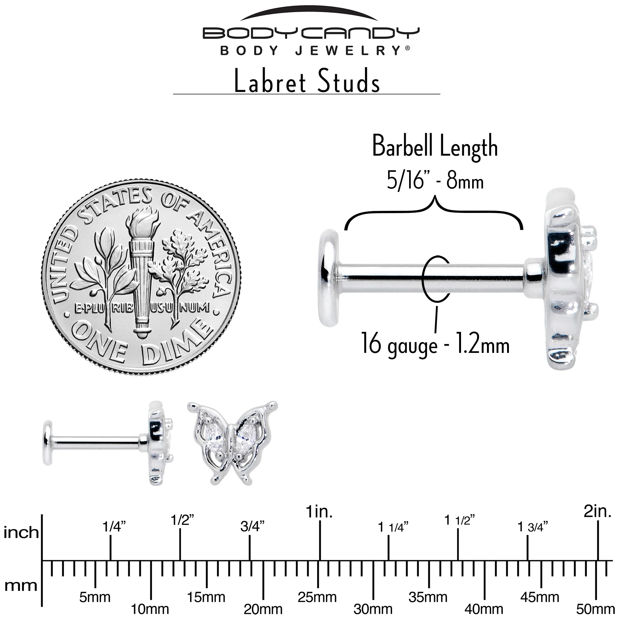 16G 5/16 Clear Gem Fancy Fab Butterfly Internally Threaded Labret - Image 6