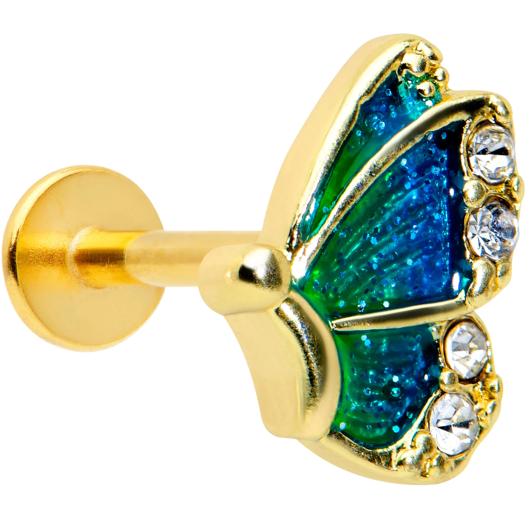 16G 5/16 Clear Gem Gold Tone Blues Butterfly Labret Monroe Tragus