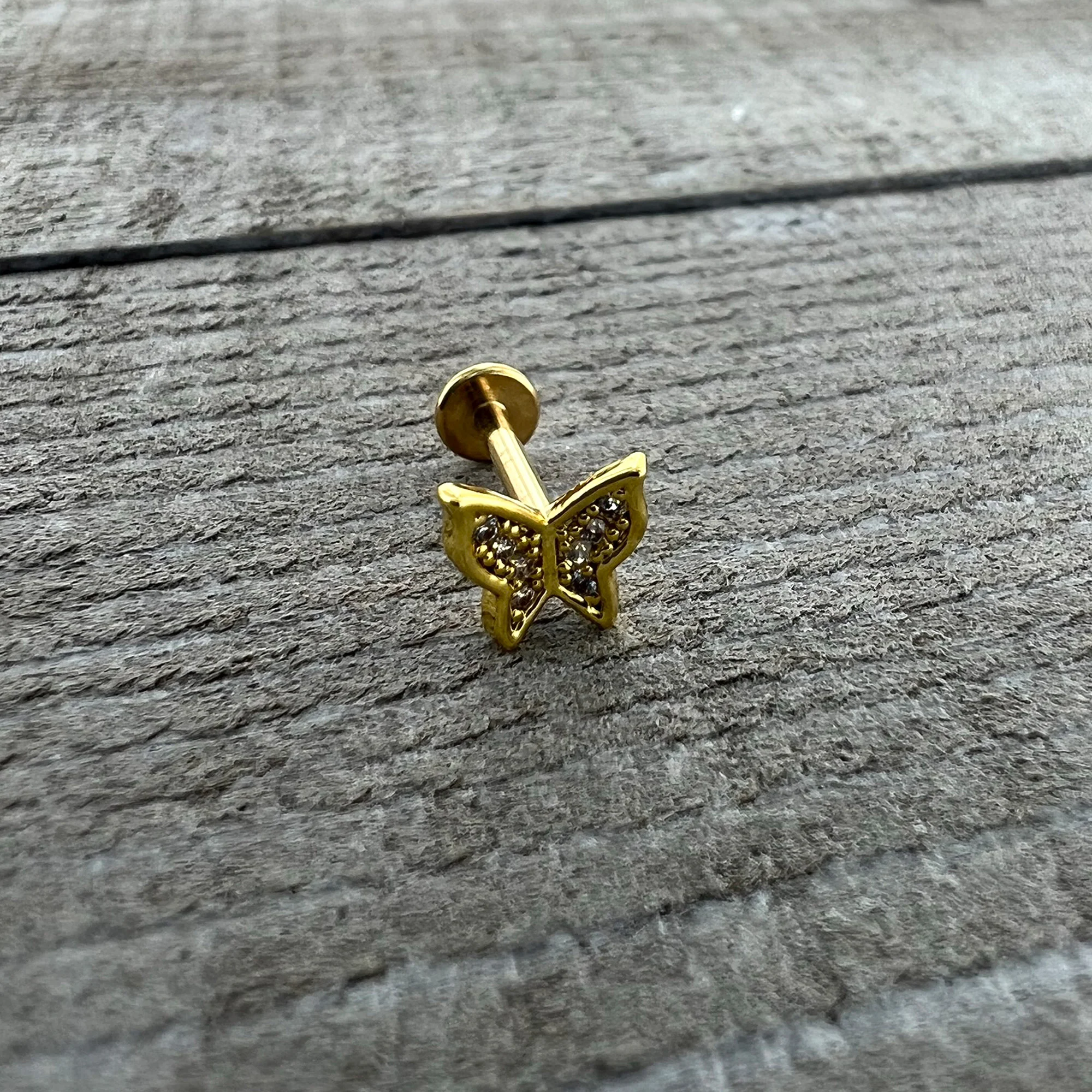 16G 5/16 Clear Gem Gold Tone Butterfly Internally Threaded Labret - Image 7