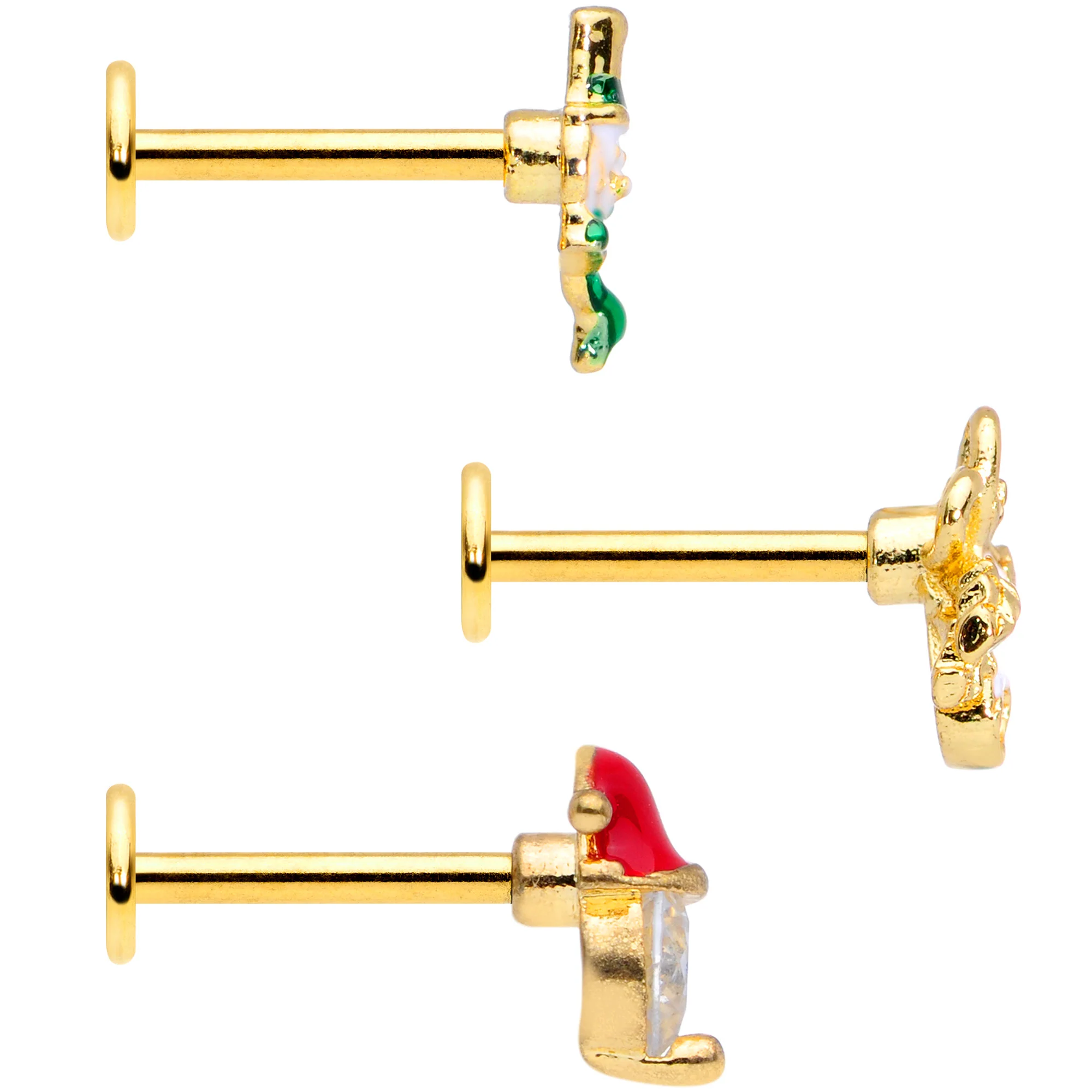 16G 5/16 Clear Gem Gold Tone Christmas Labret Monroe Tragus Set of 3 - Image 4