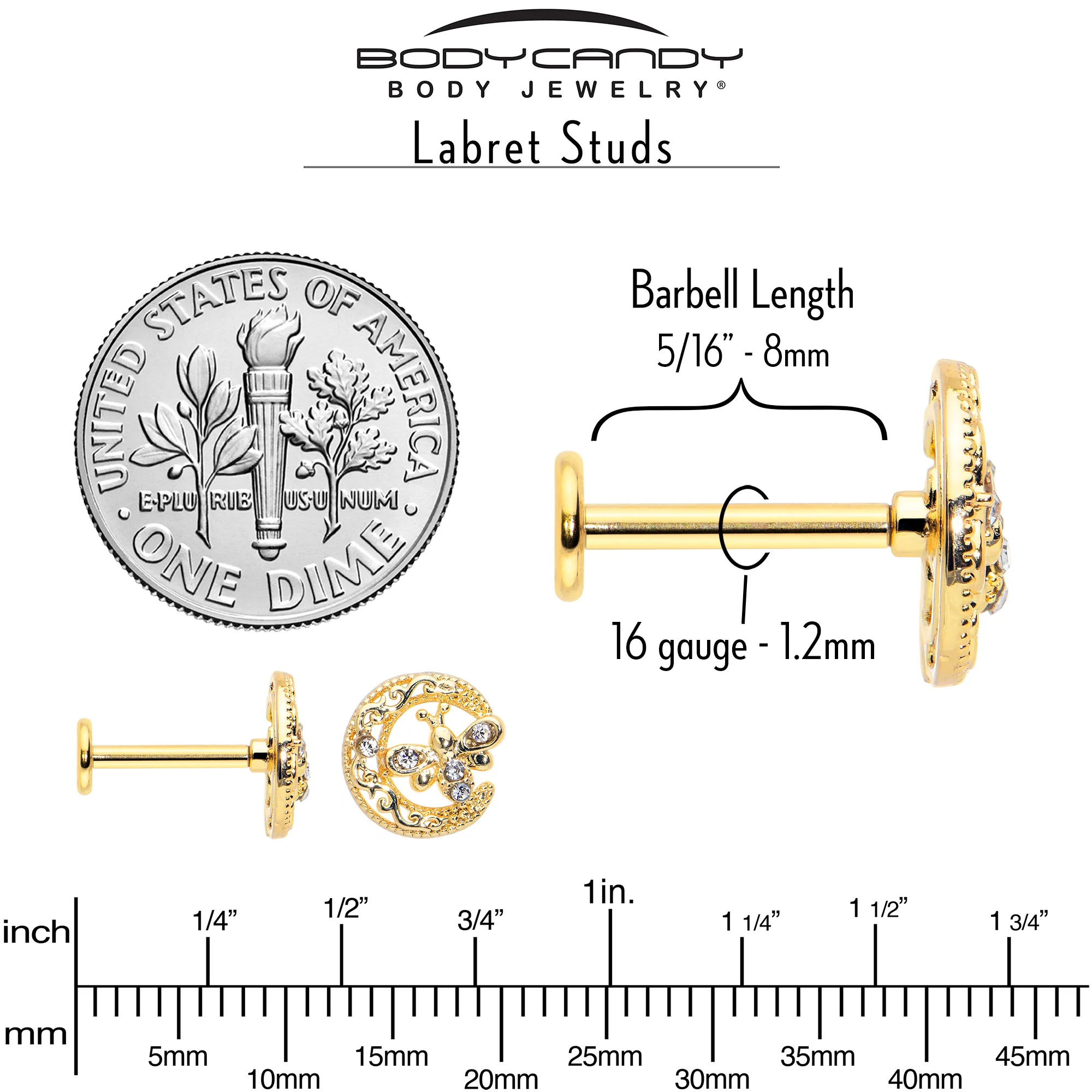 16G 5/16 Clear Gem Gold Tone Interally Threaded Dragonfly Labret - Image 7