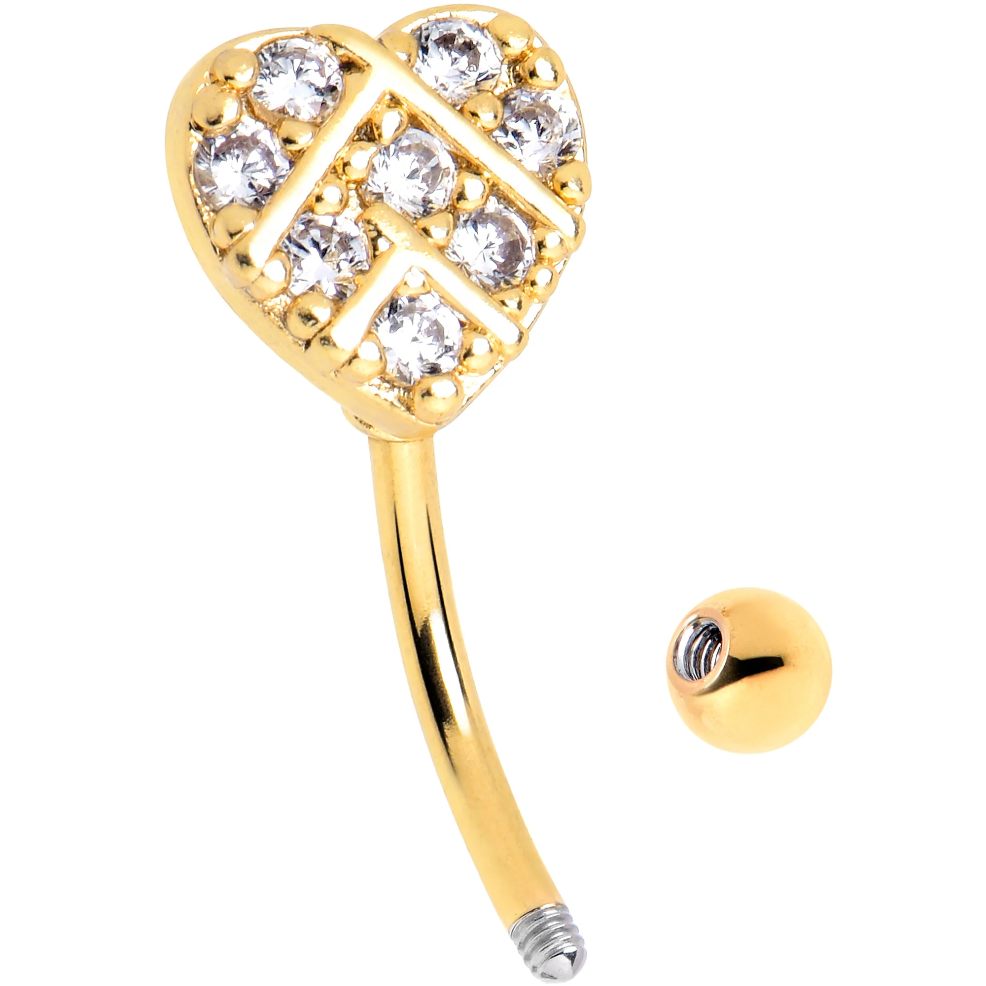 16G 5/16 Clear Gem Gold Tone Lattice Heart Curved Eyebrow Ring - Image 2