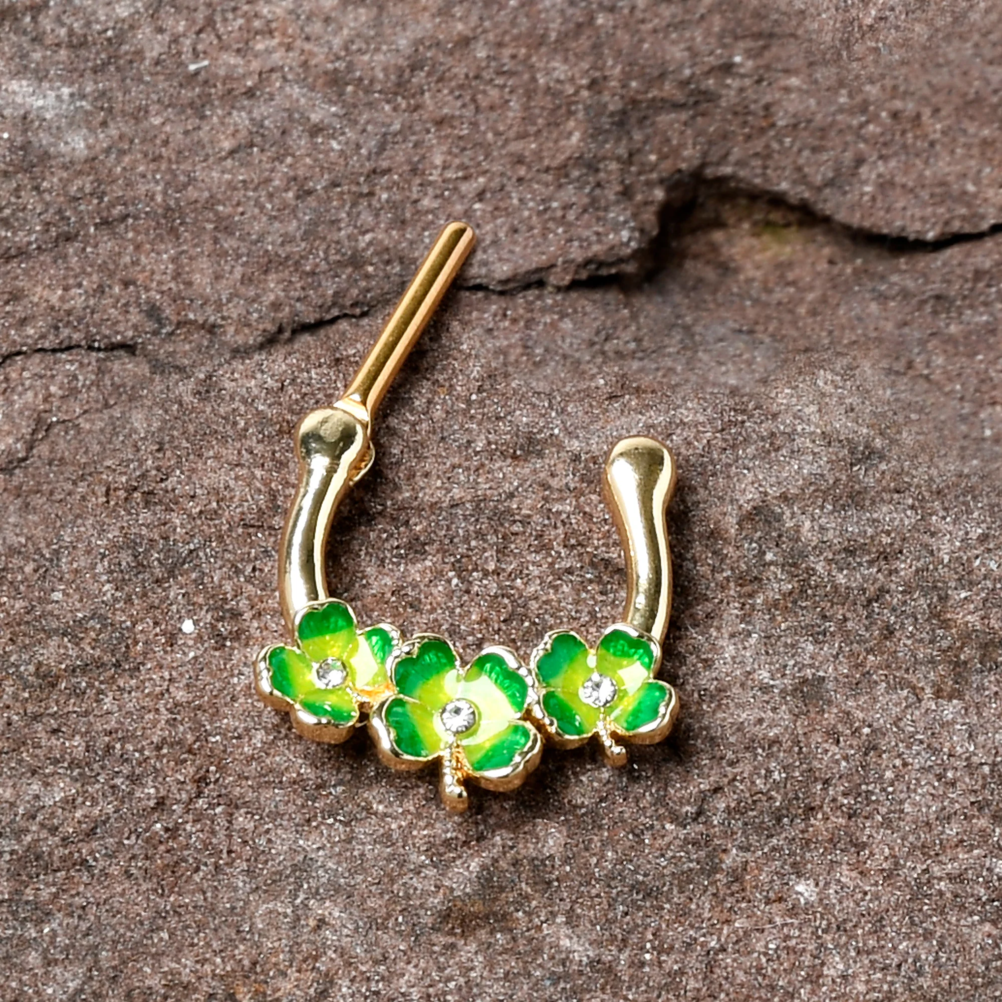 16G 5/16 Clear Gem Gold Tone Lucky Shamrock Cartilage Clicker - Image 7