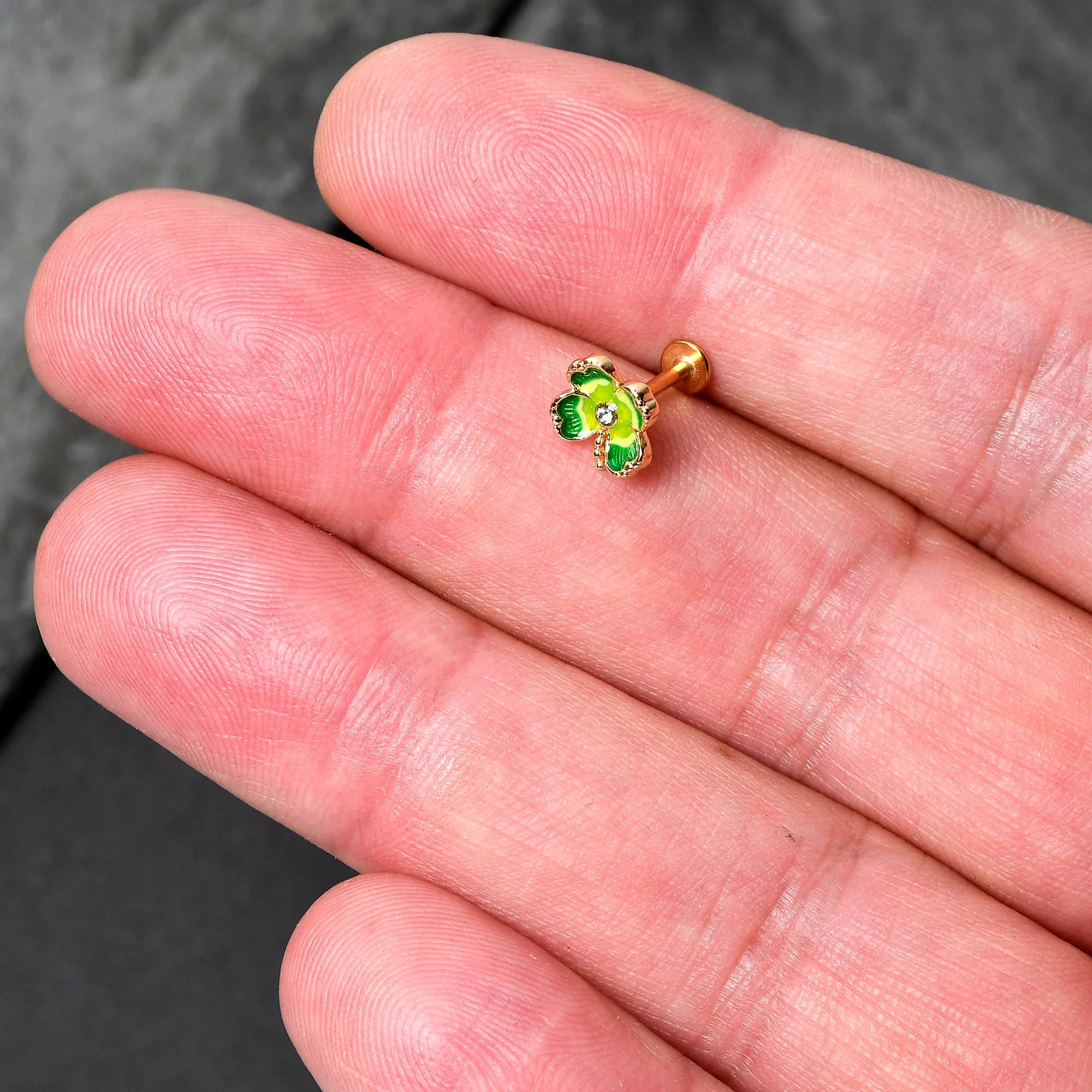 16G 5/16 Clear Gem Gold Tone Lucky Shamrock Labret Monroe Tragus - Image 2