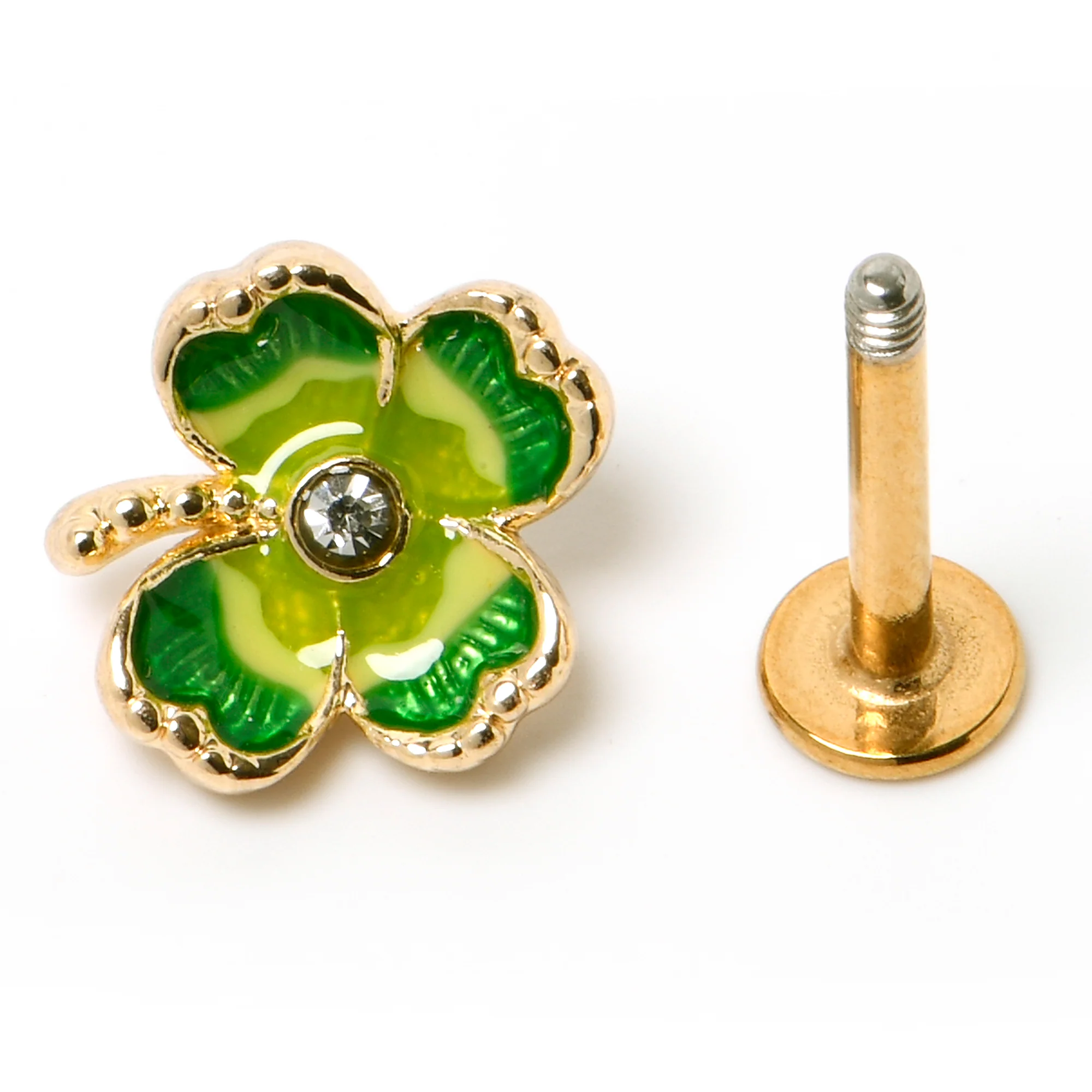 16G 5/16 Clear Gem Gold Tone Lucky Shamrock Labret Monroe Tragus - Image 3