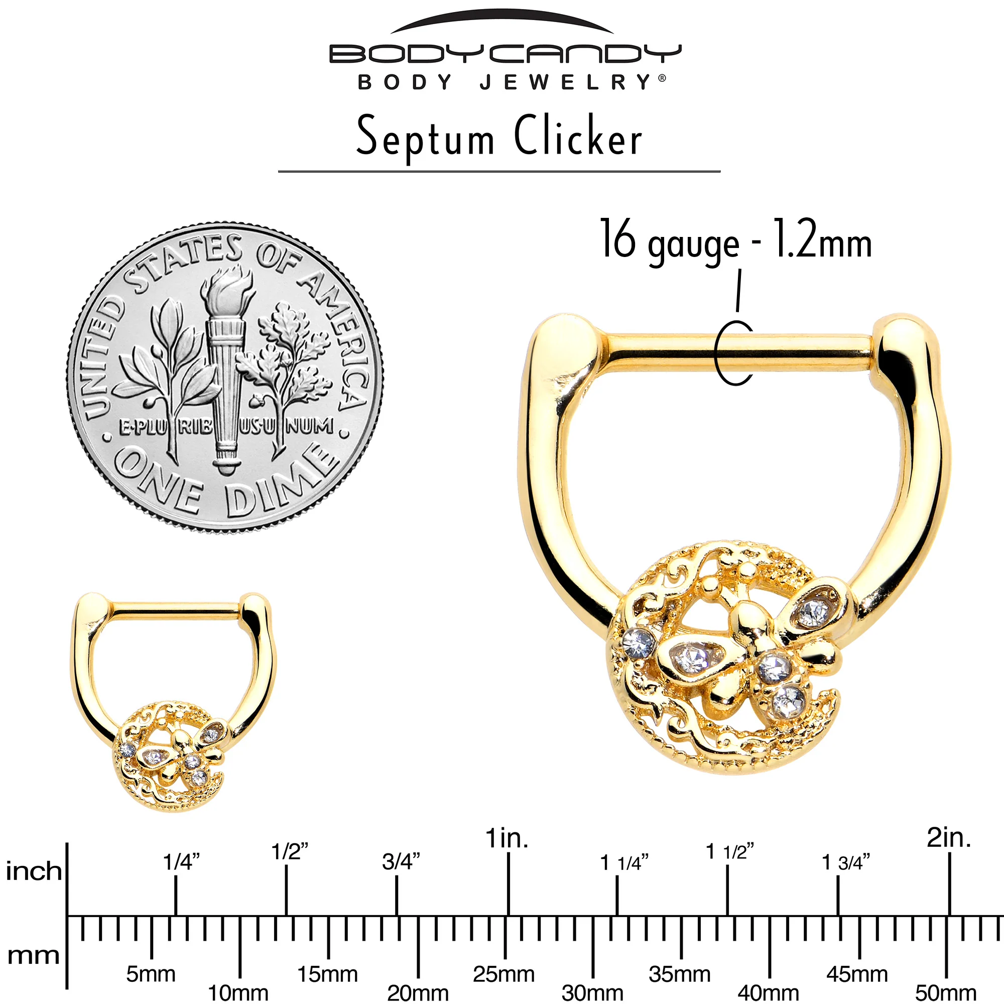 16G 5/16 Clear Gem Gold Tone Lunar Dragonfly Cartilage Clicker - Image 6