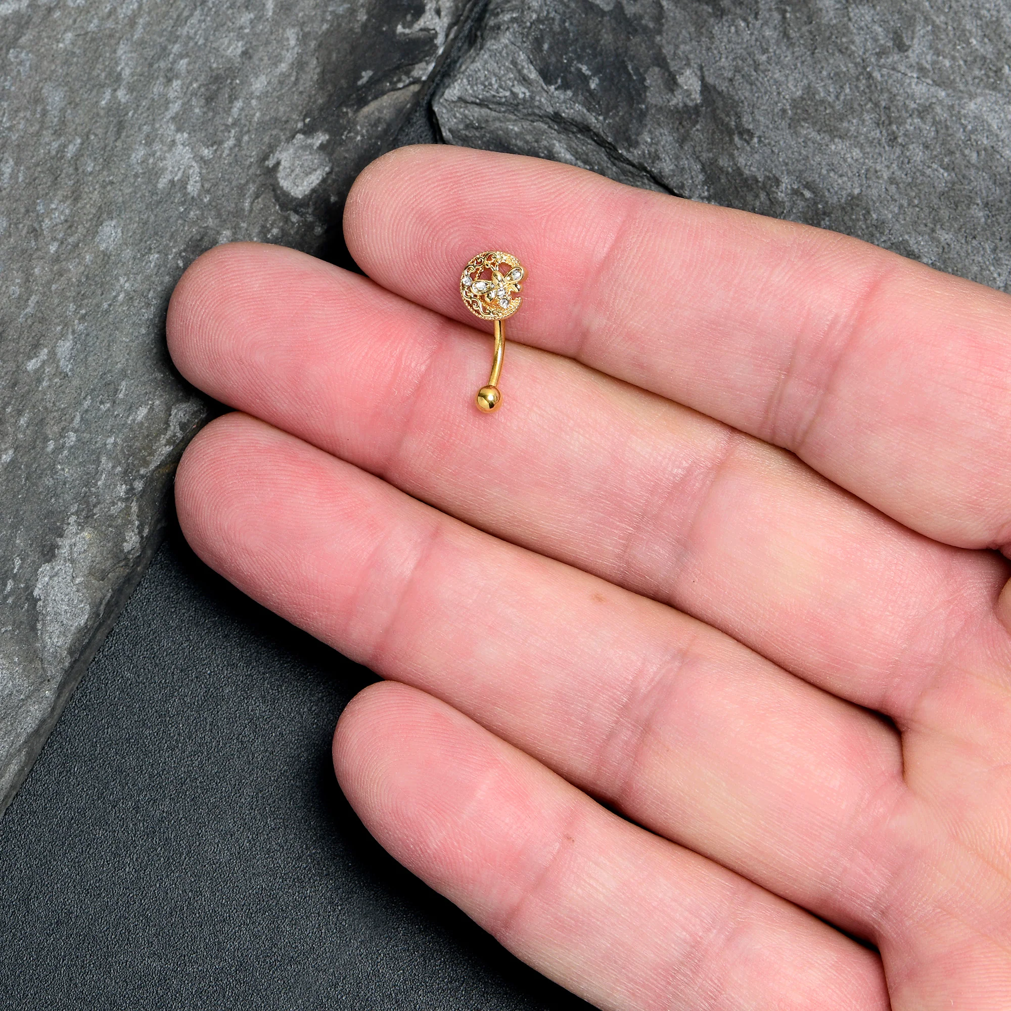 16G 5/16 Clear Gem Gold Tone Lunar Dragonfly Curved Eyebrow Ring - Image 2