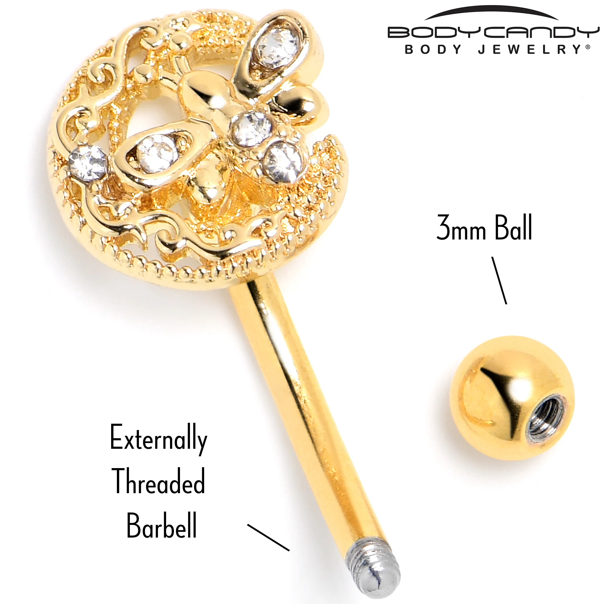 16G 5/16 Clear Gem Gold Tone Lunar Dragonfly Curved Eyebrow Ring - Image 5