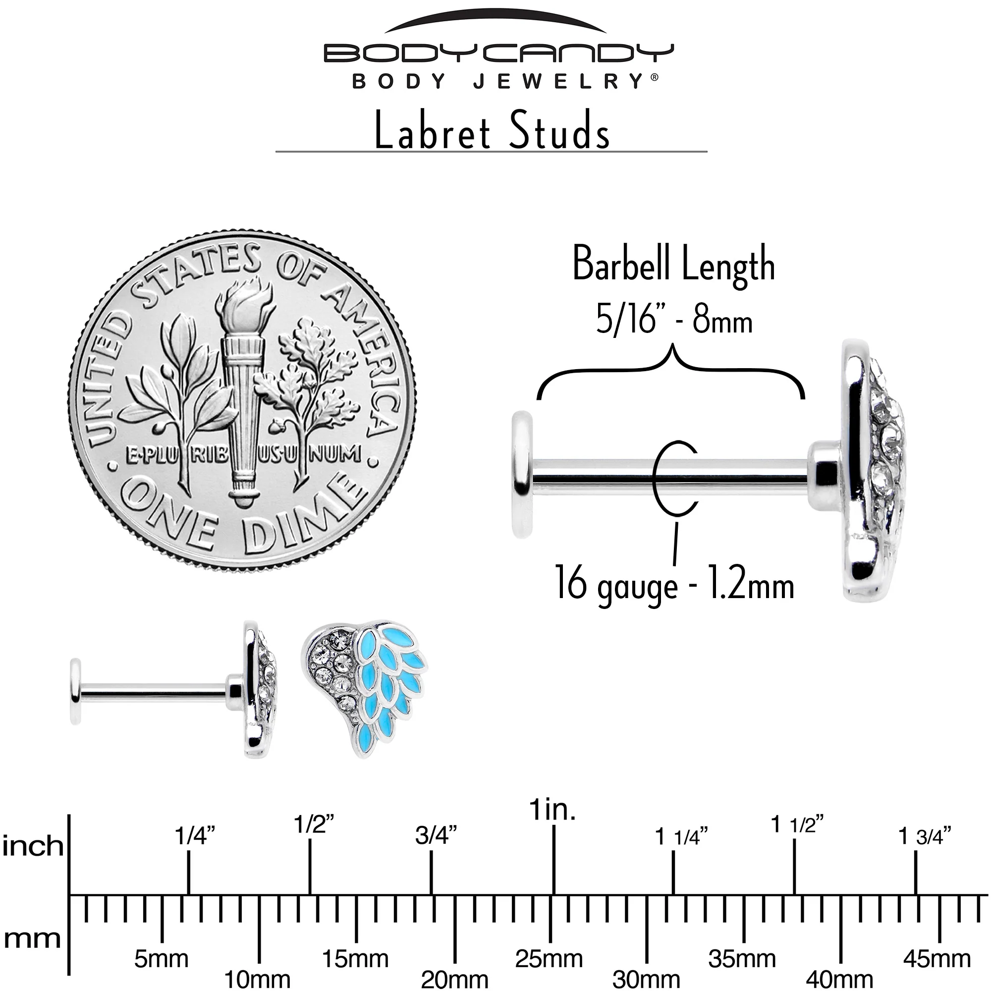 16G 5/16 Clear Gem Heavenly Heart Angel Wing Blue Labret Tragus - Image 7